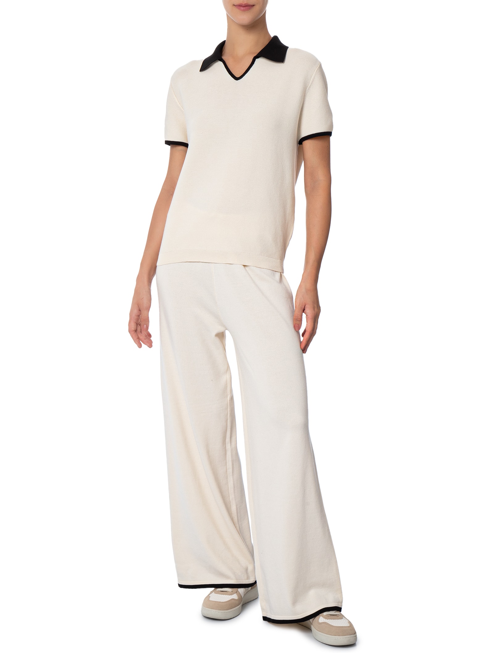 Conjunto Feminino Blusa Gola Esporte E Calça Tricot Bicolor Off White Basiq