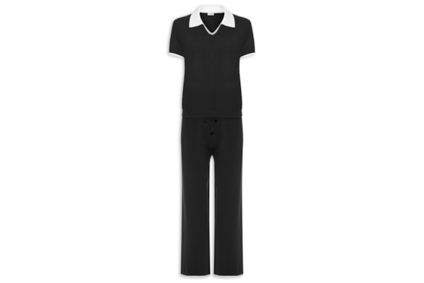 Conjunto Feminino Blusa Gola Esporte E Calça Tricot Bicolor - Preto