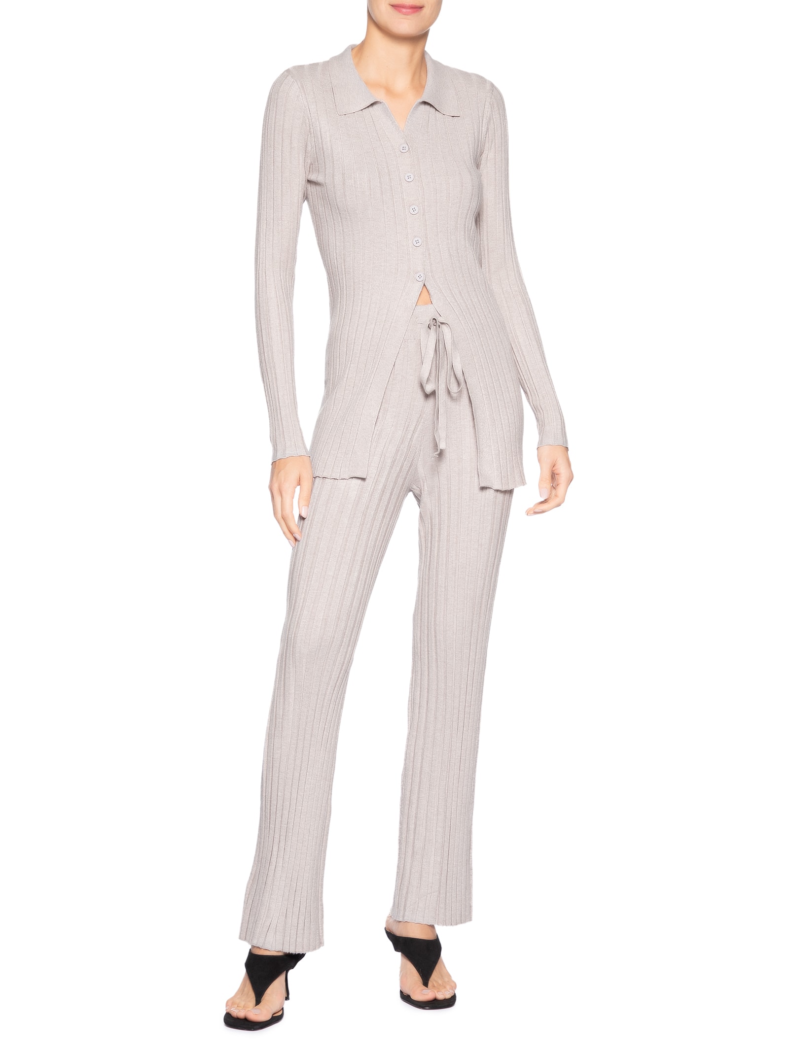 Conjunto Feminino Blusa Polo E Calça Em Tricot Bege '2Essential