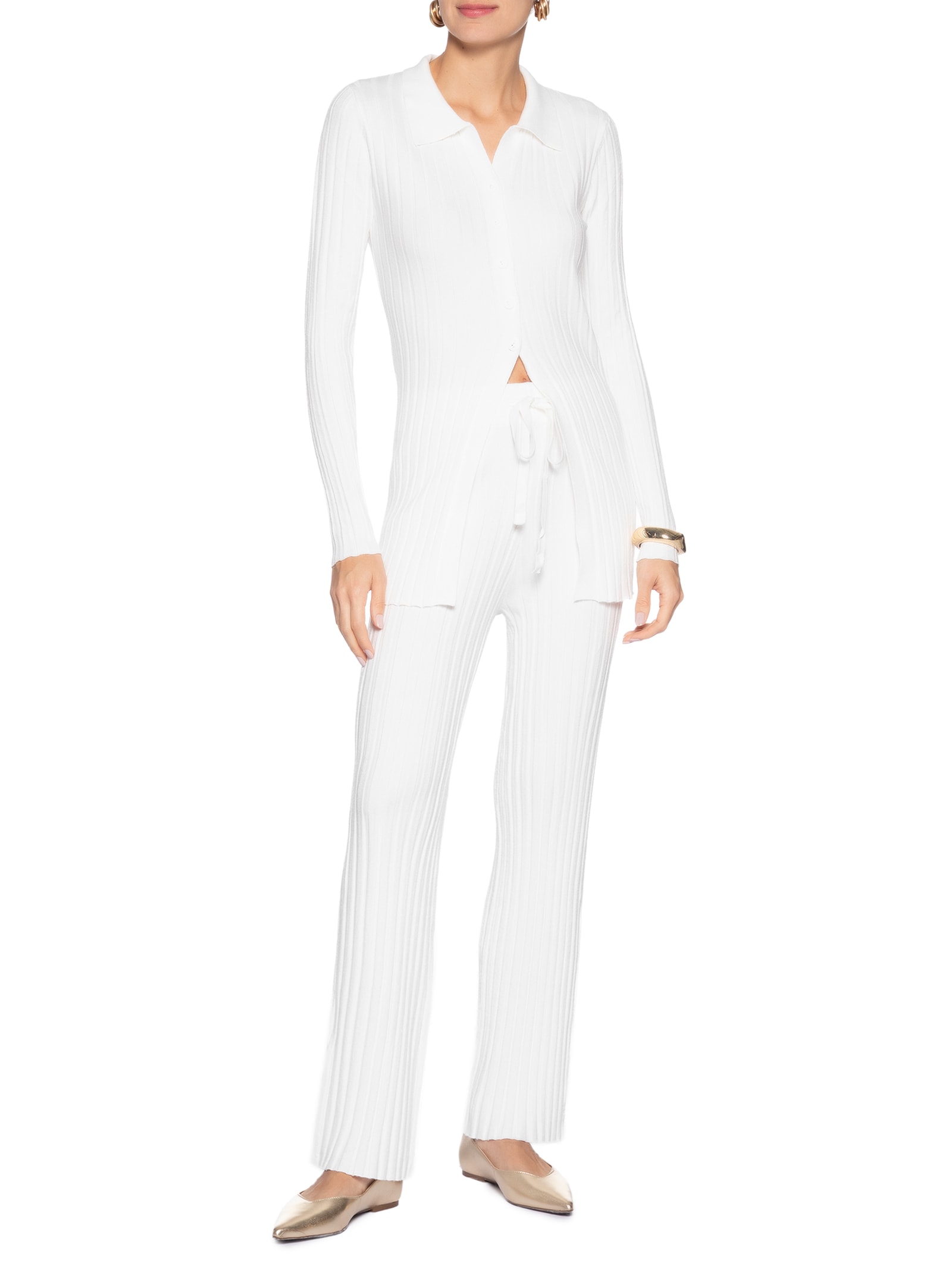 Conjunto Feminino Blusa Polo E Calça Em Tricot Branco '2Essential