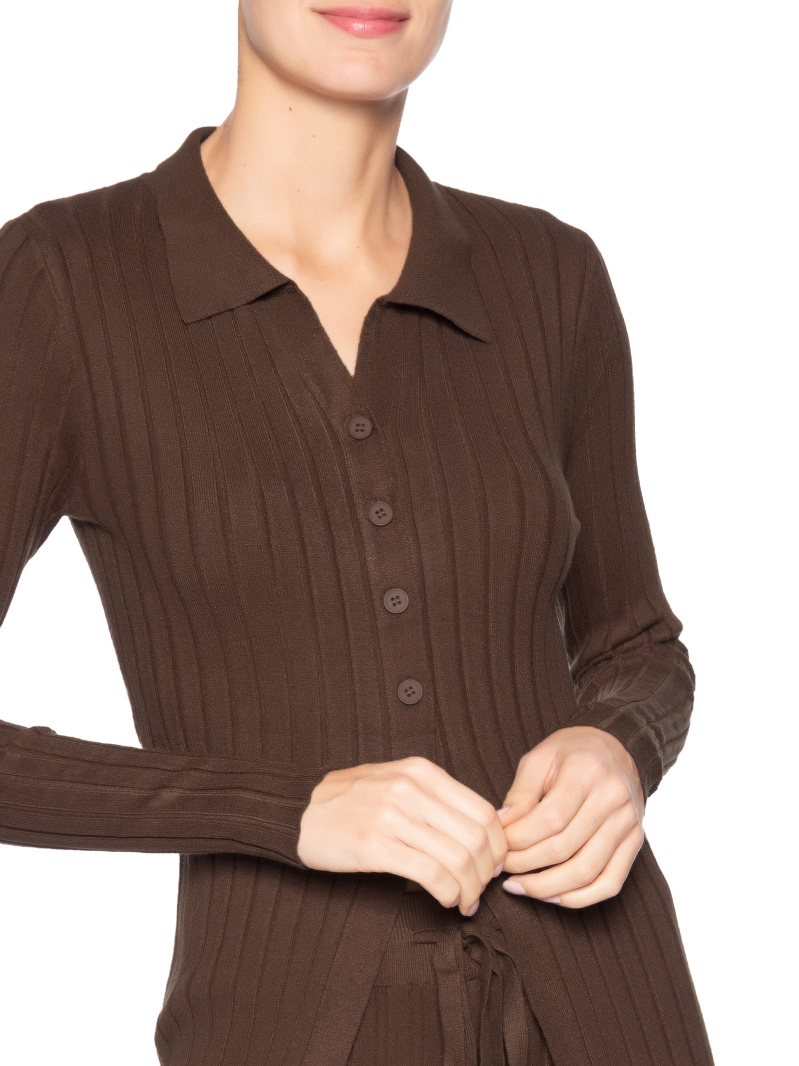 Conjunto Feminino Blusa Polo E Calça Em Tricot Marrom '2Essential