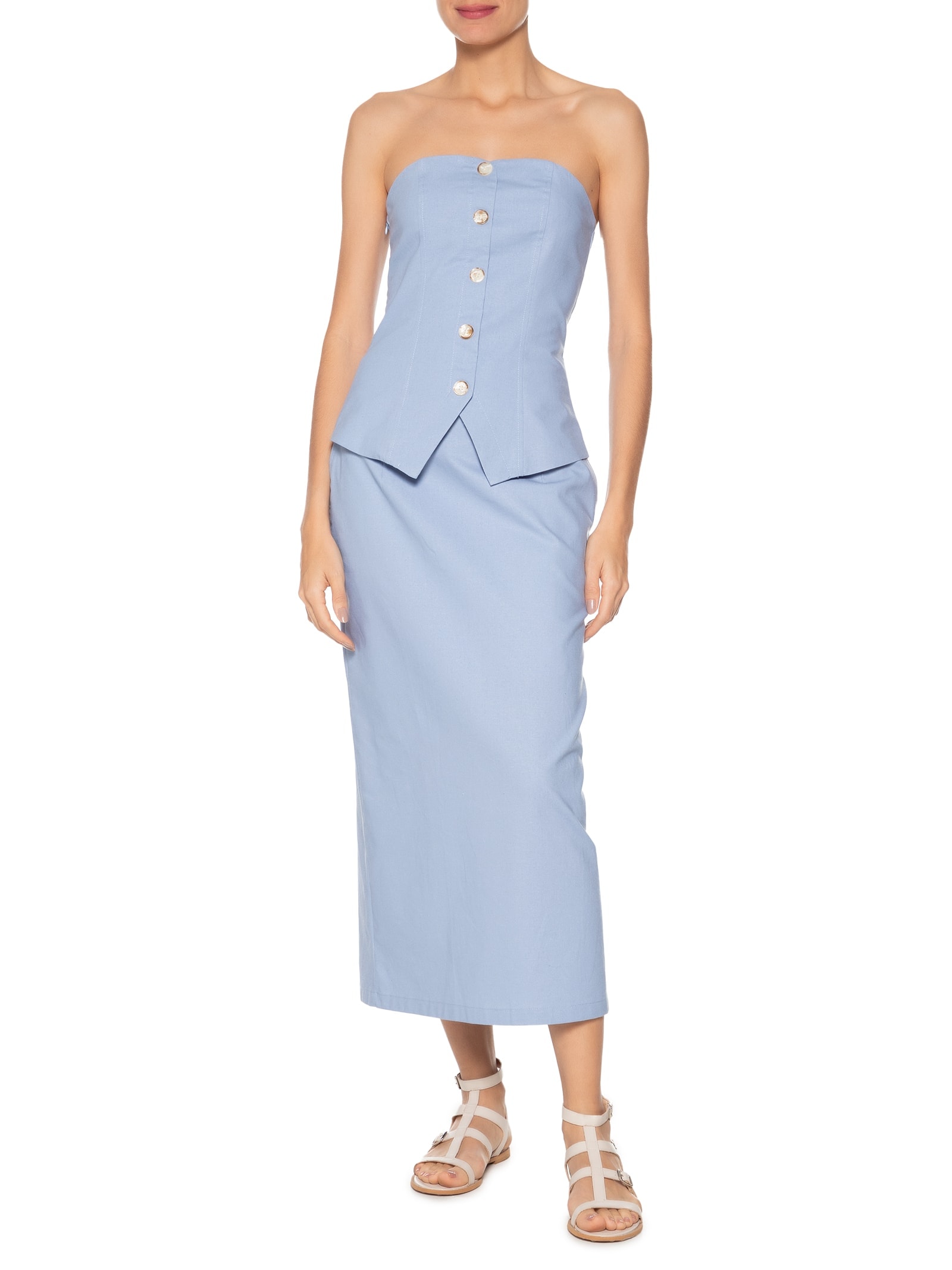 Conjunto Feminino Blusa Sem Alça E Saia Midi Azul Basiq