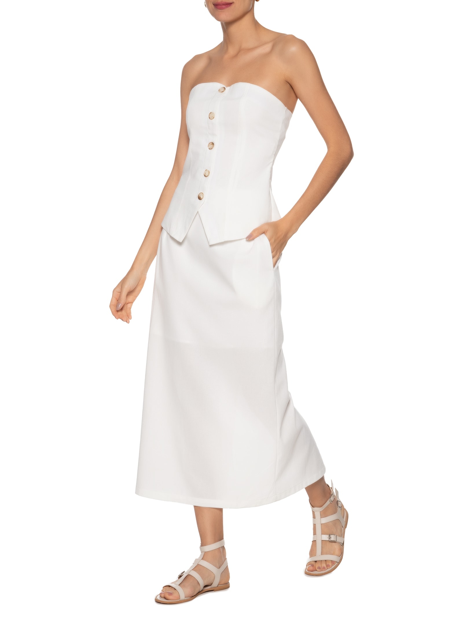 Conjunto Feminino Blusa Sem Alça E Saia Midi Branco Basiq