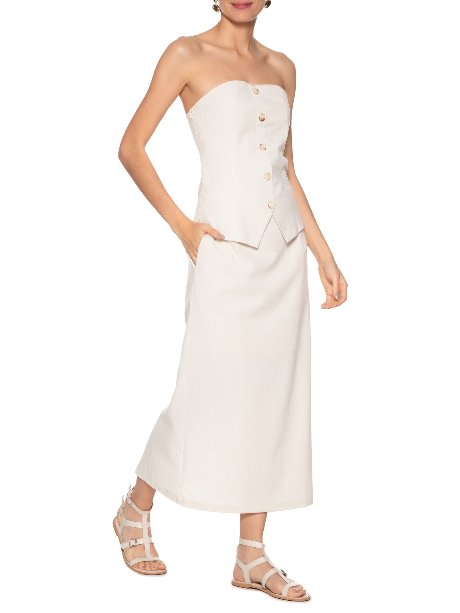 Conjunto Feminino Blusa Sem Alça E Saia Midi Off White Basiq