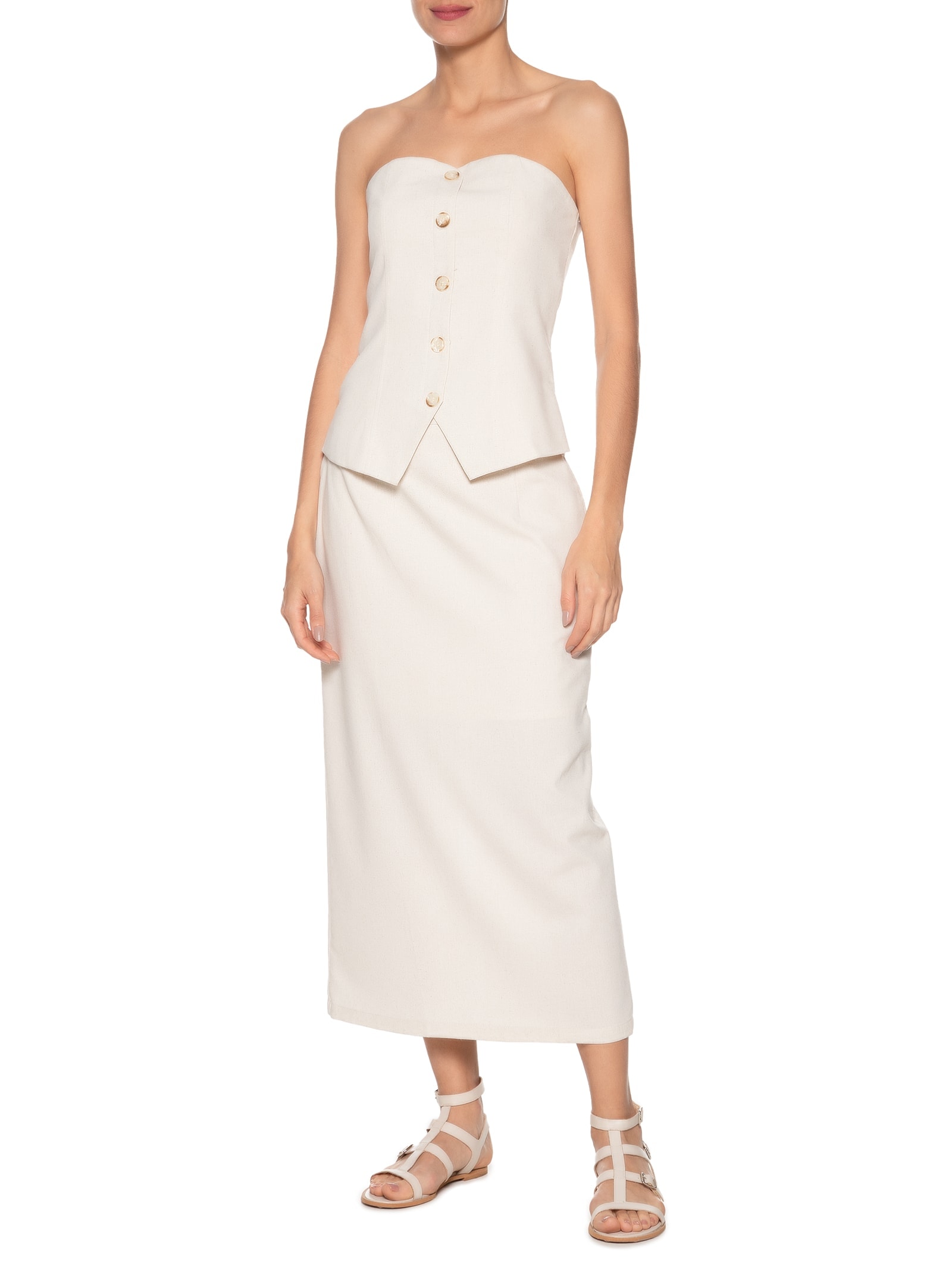 Conjunto Feminino Blusa Sem Alça E Saia Midi Off White Basiq