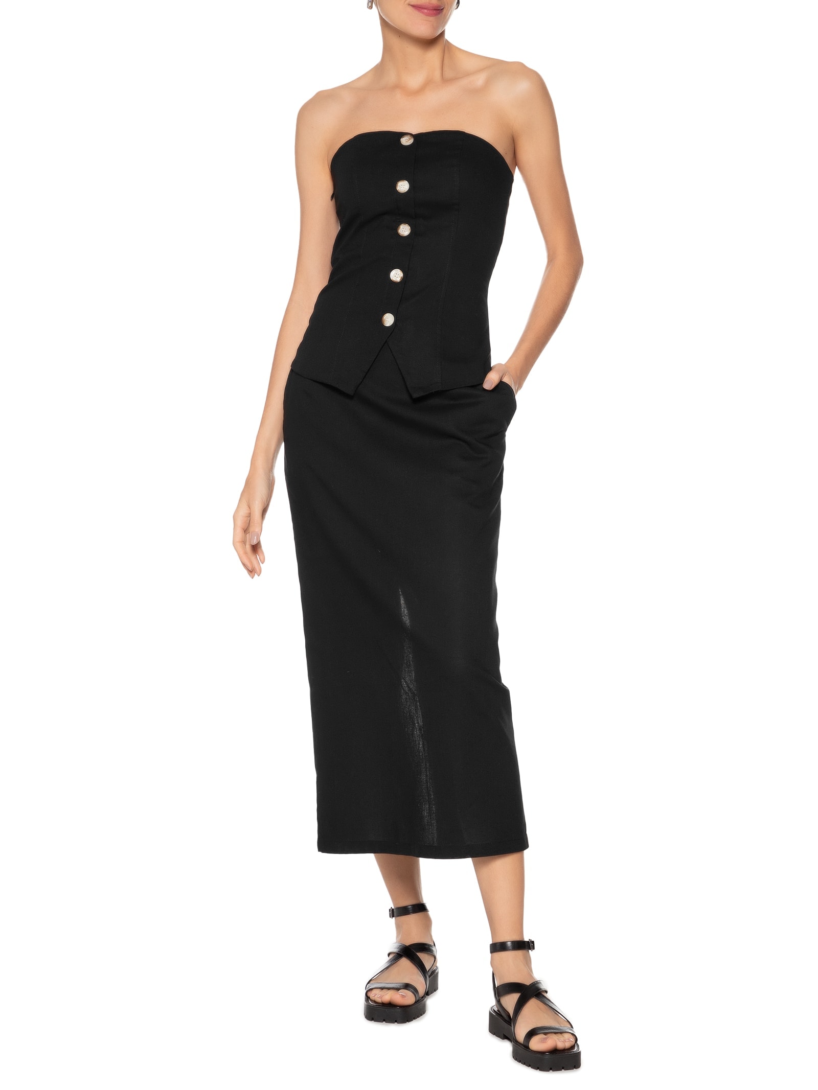 Conjunto Feminino Blusa Sem Alça e Saia Midi Preta  Basiq