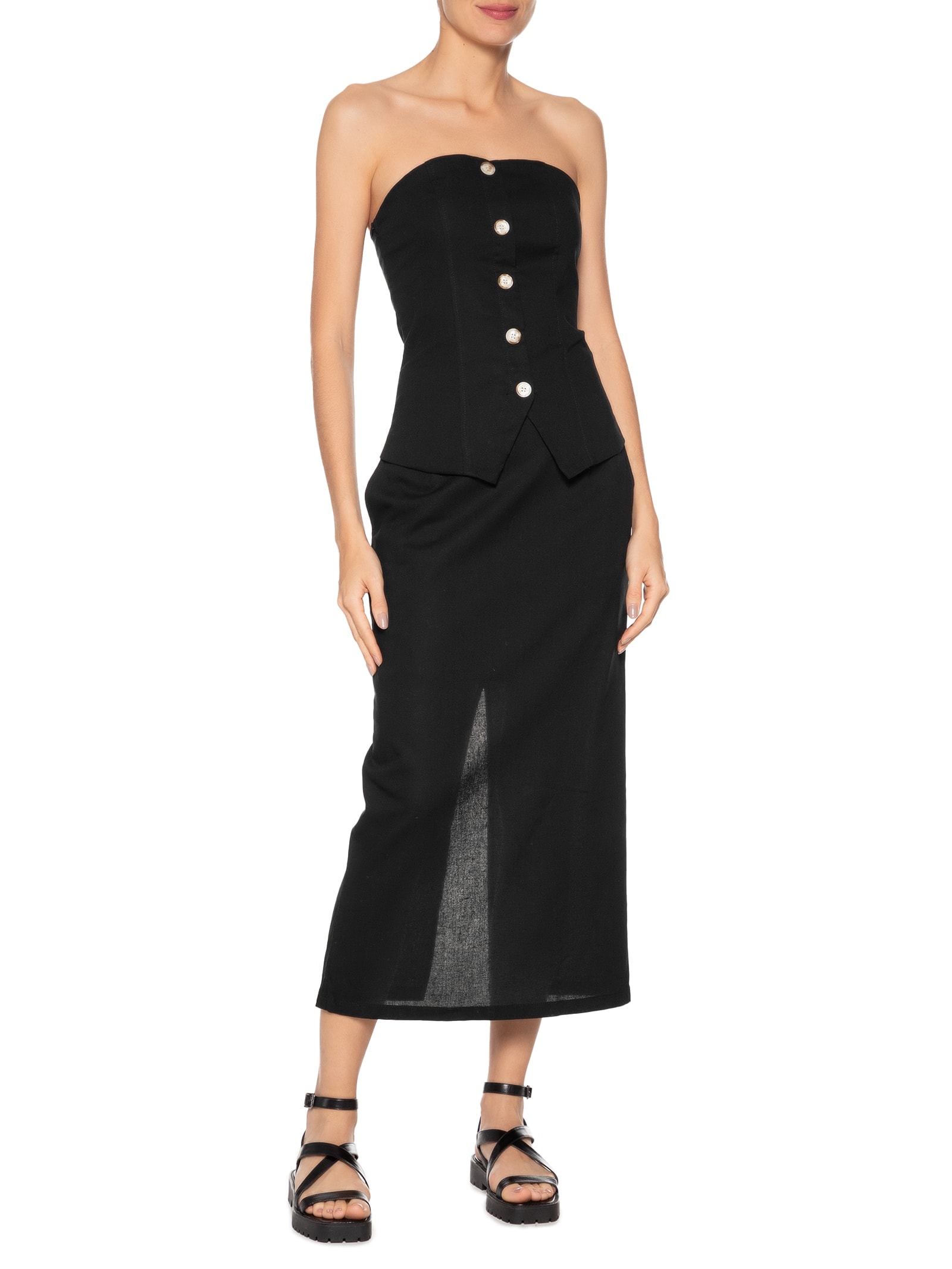 Conjunto Feminino Blusa Sem Alça e Saia Midi Preta  Basiq