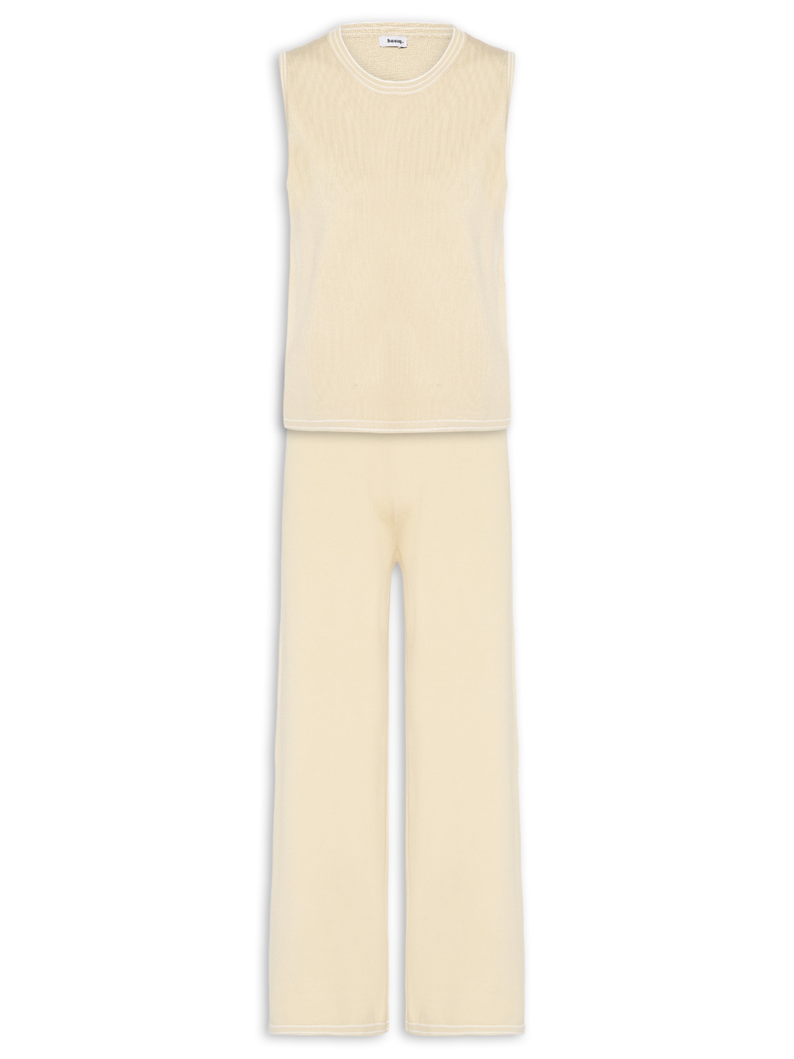 Conjunto Feminino Blusa Sem Manga E Calça Em Tricot Bicolor Bege Basiq