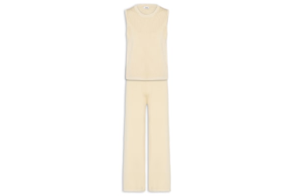 Conjunto Feminino Blusa Sem Manga E Calça Em Tricot Bicolor - Bege