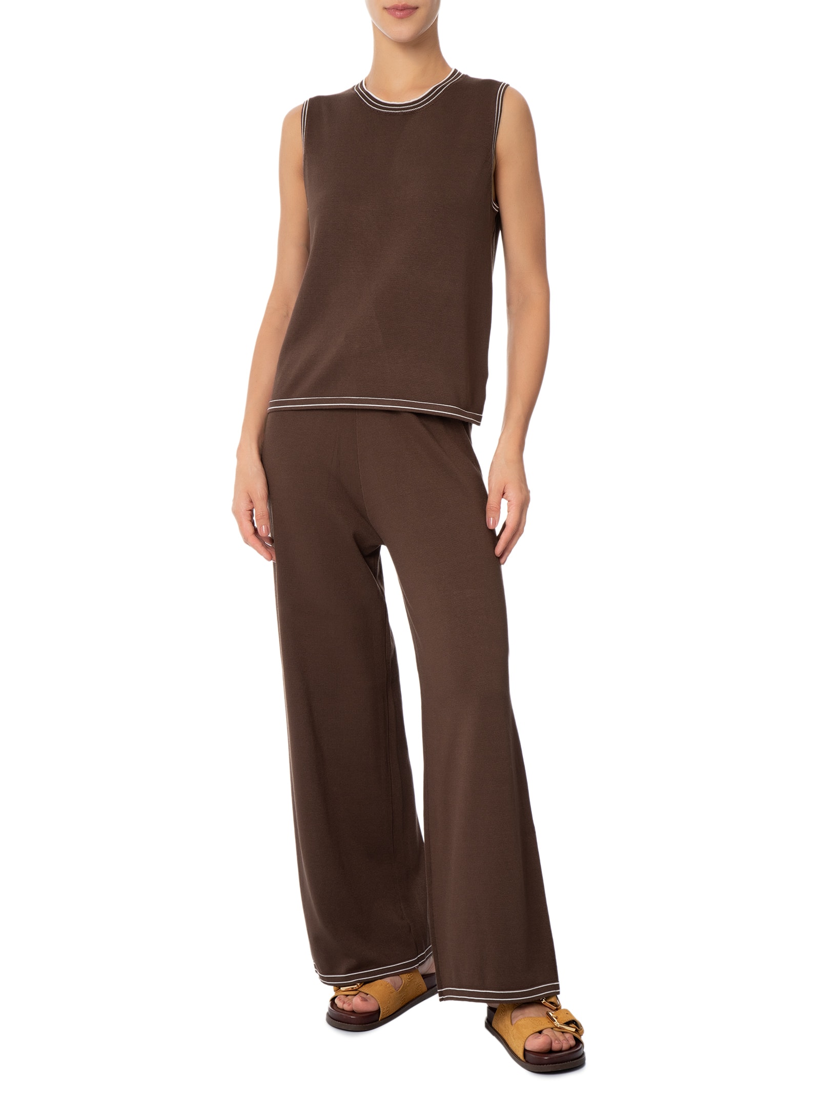 Conjunto Feminino Blusa Sem Manga E Calça Em Tricot Bicolor Marrom Basiq
