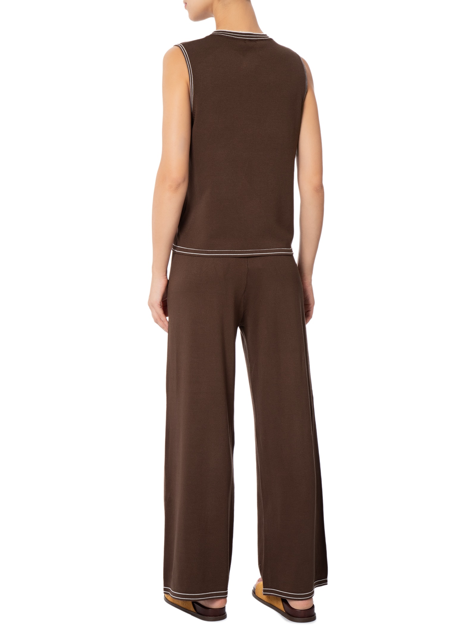 Conjunto Feminino Blusa Sem Manga E Calça Em Tricot Bicolor Marrom Basiq