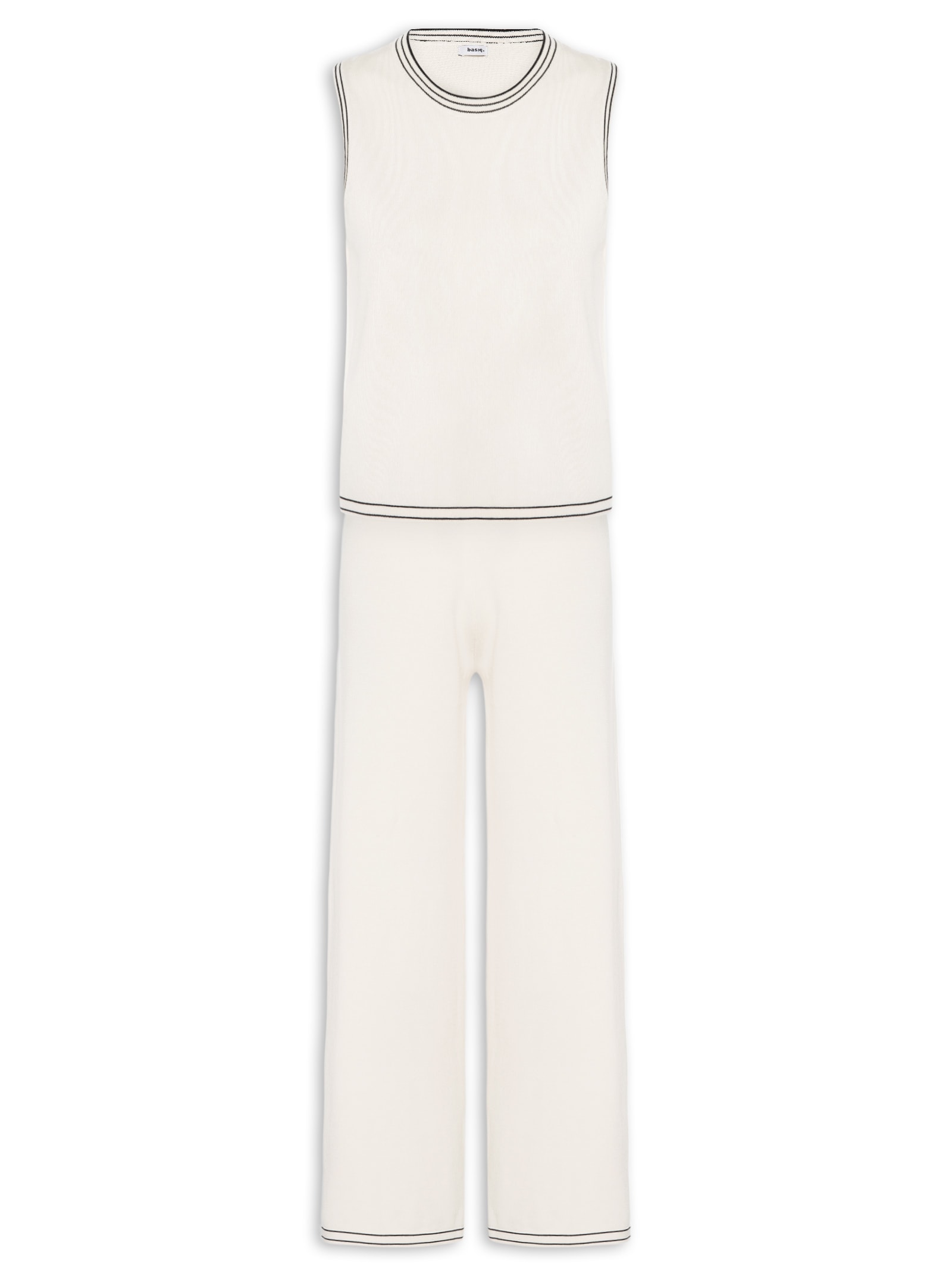 Conjunto Feminino Blusa Sem Manga E Calça Em Tricot Bicolor Off White Basiq
