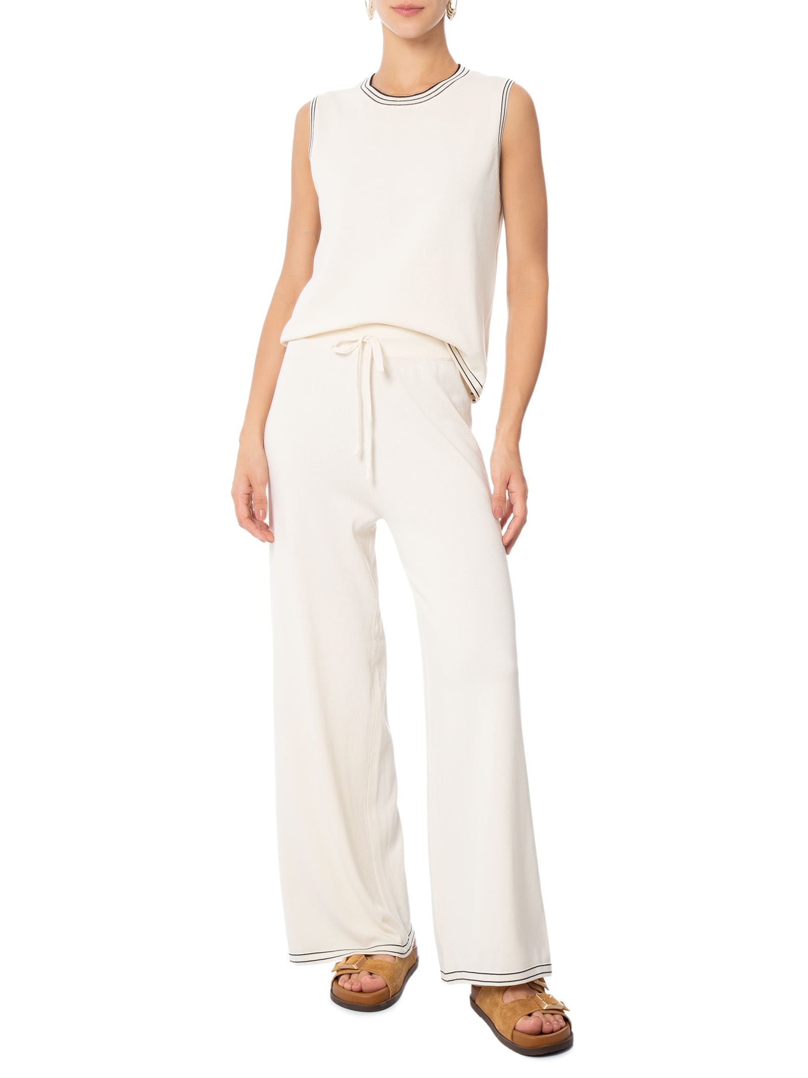 Conjunto Feminino Blusa Sem Manga E Calça Em Tricot Bicolor Off White Basiq