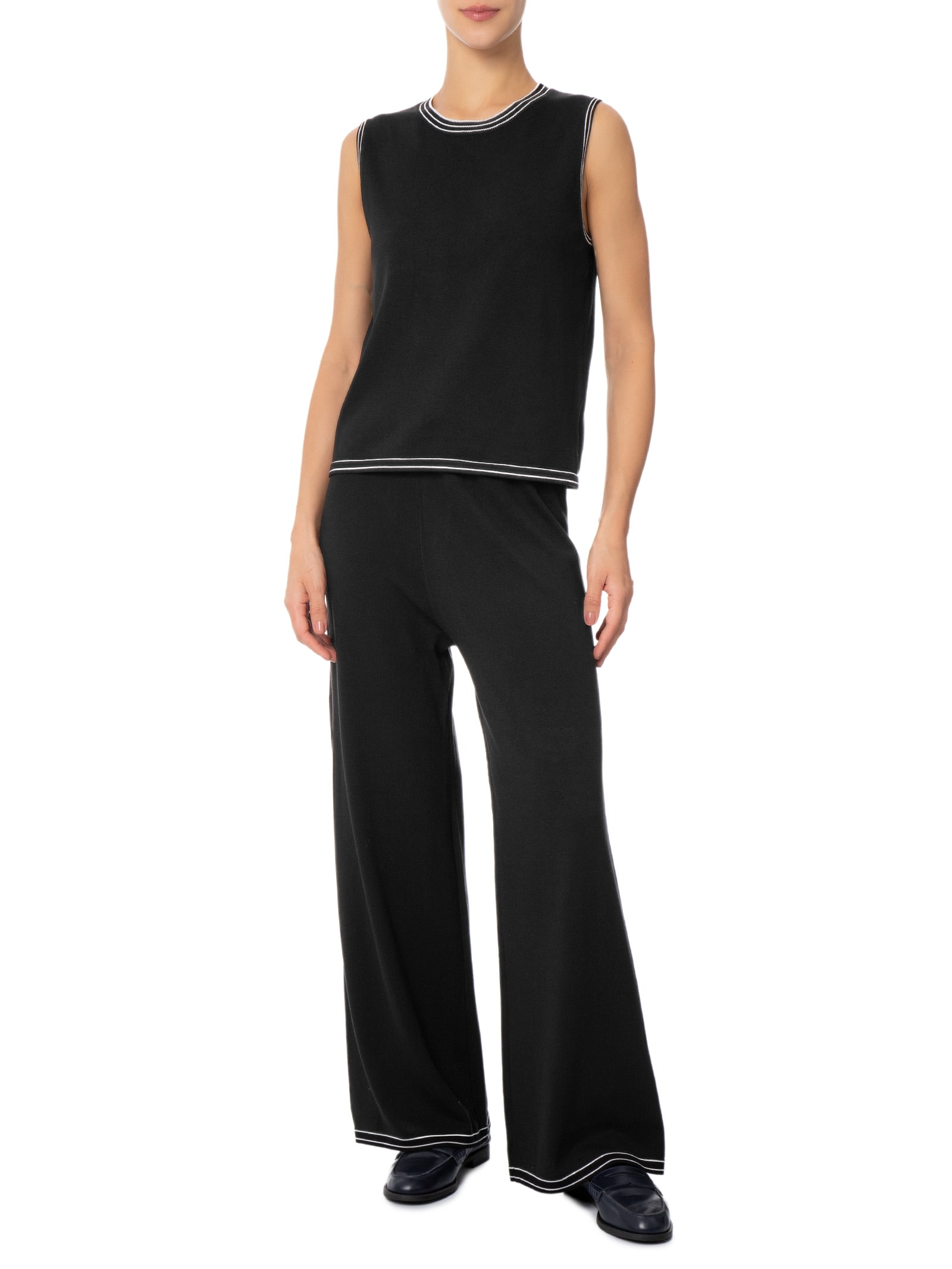 Conjunto Feminino Blusa Sem Manga E Calça Em Tricot Bicolor Preto Basiq