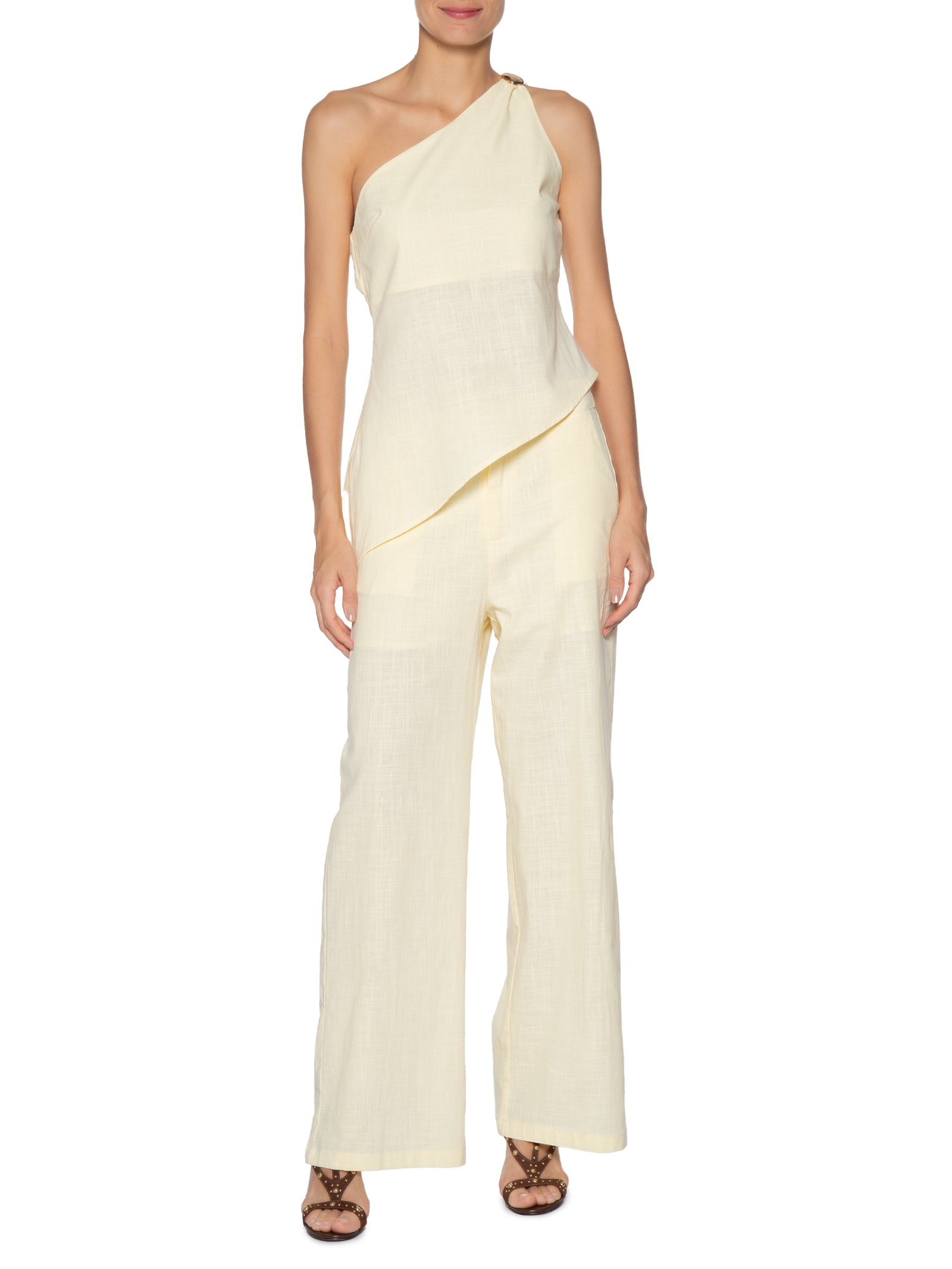 Conjunto Feminino Blusa Um Ombro Só E Calça Pantalona Amarelo Market 33