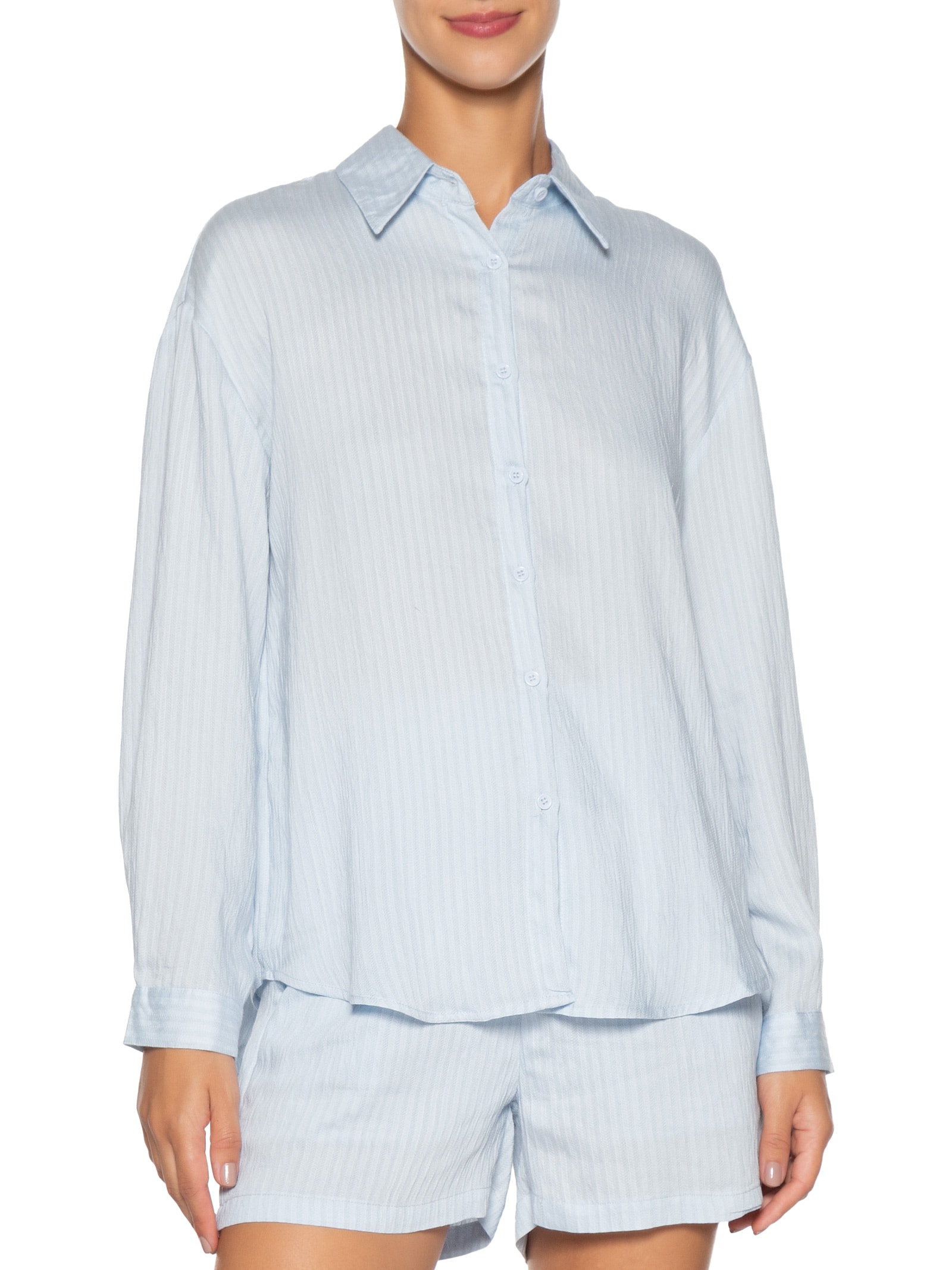 Conjunto Feminino Camisa Com Short Com Linho Azul Basiq