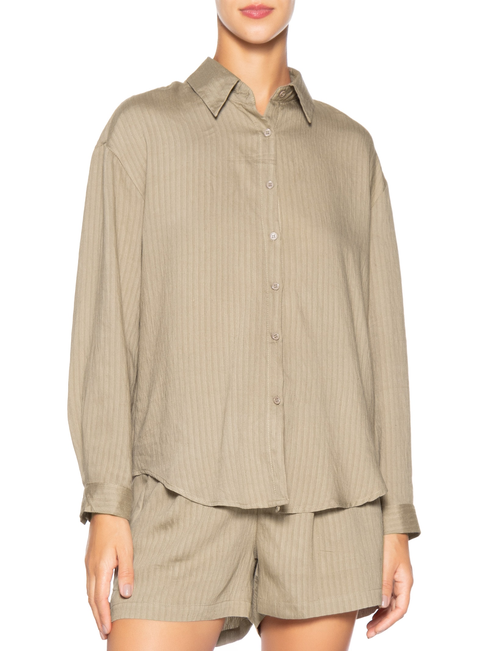 Conjunto Feminino Camisa Com Short Com Linho Bege Basiq