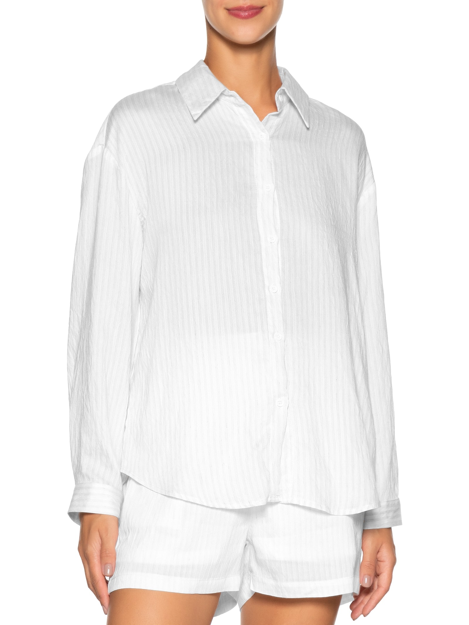 Conjunto Feminino Camisa Com Short Com Linho Branco Basiq