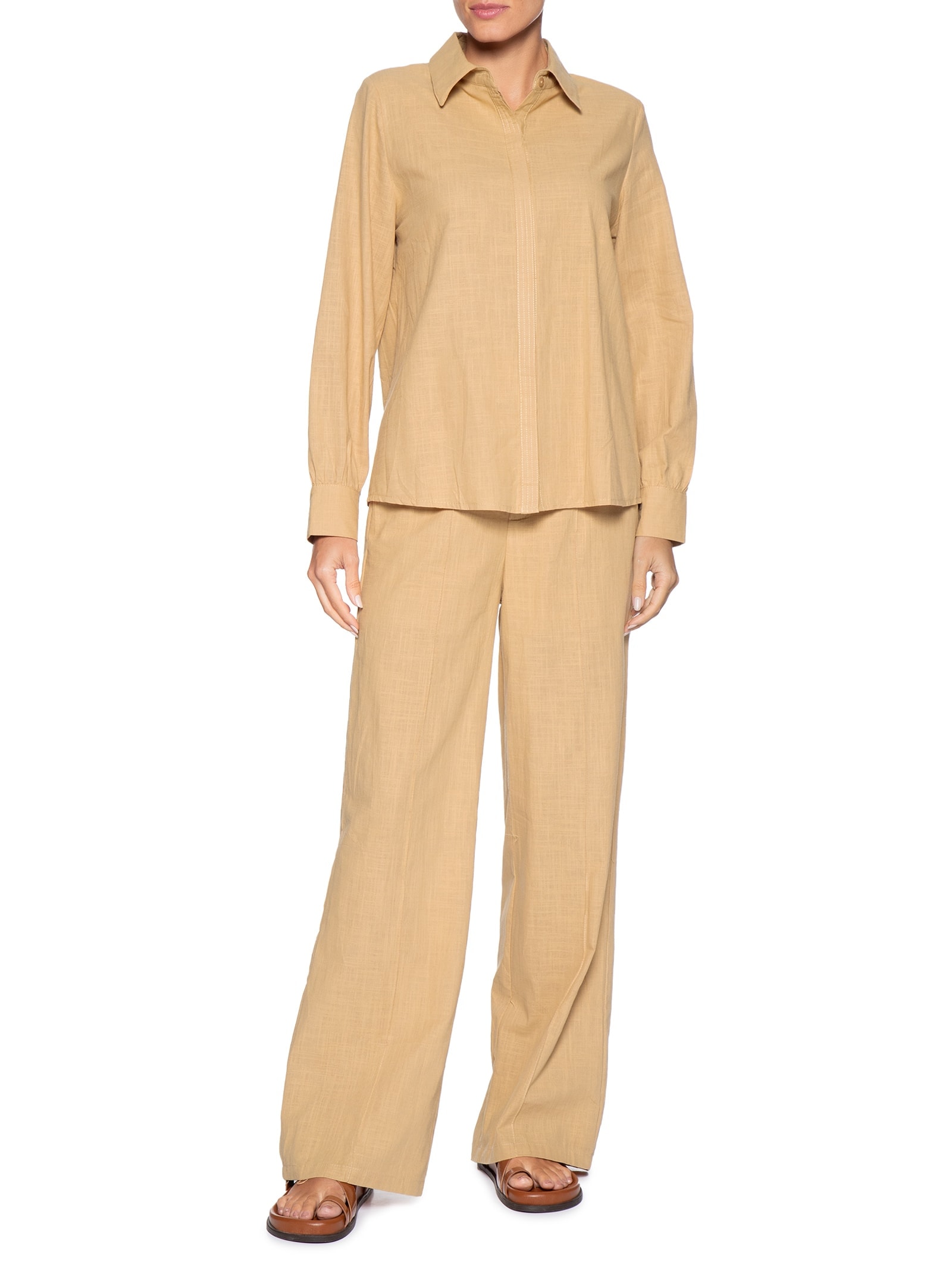 Conjunto Feminino Camisa E Calça Amarelo Basiq