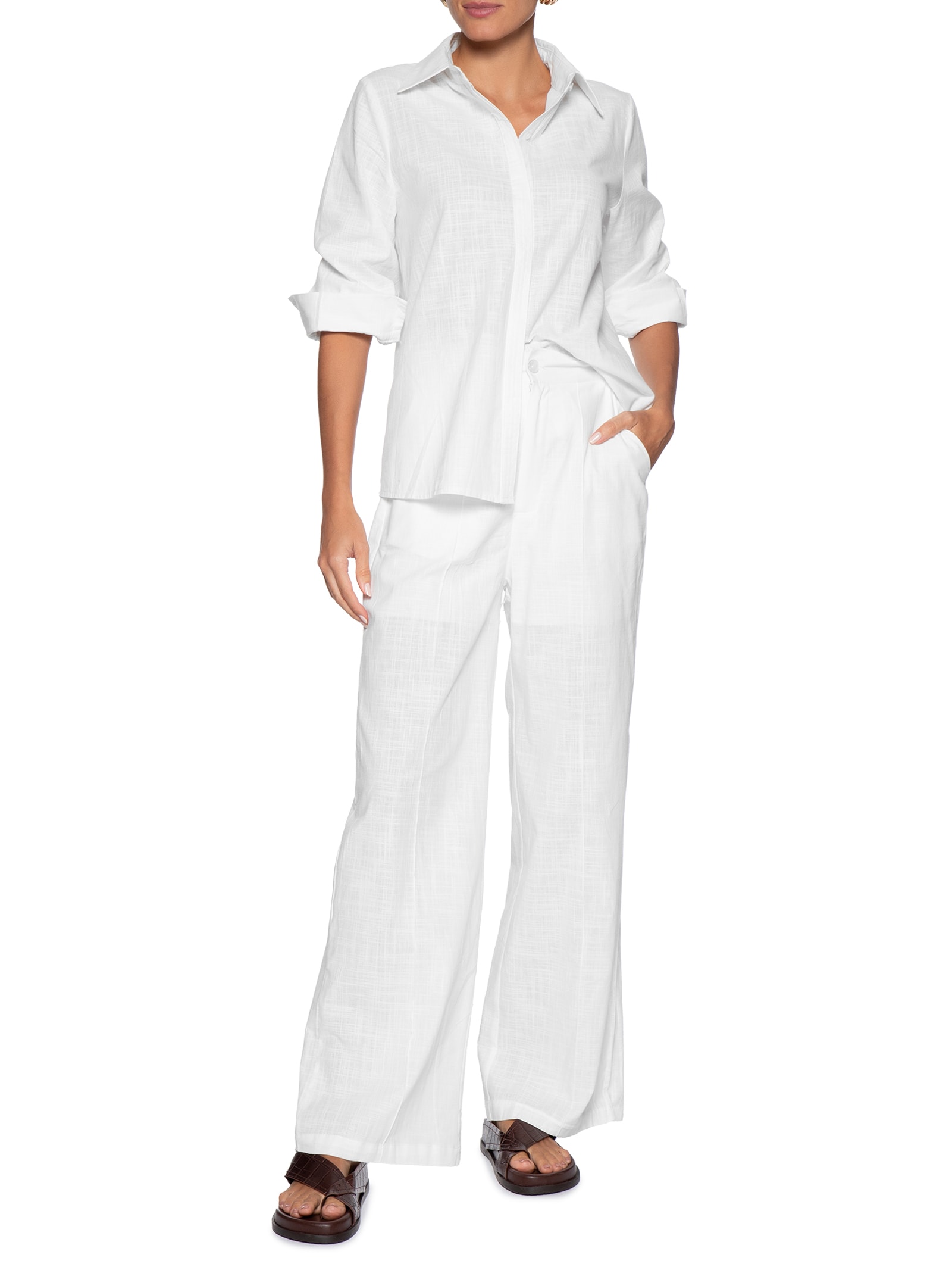 Conjunto Feminino Camisa E Calça Branco Basiq