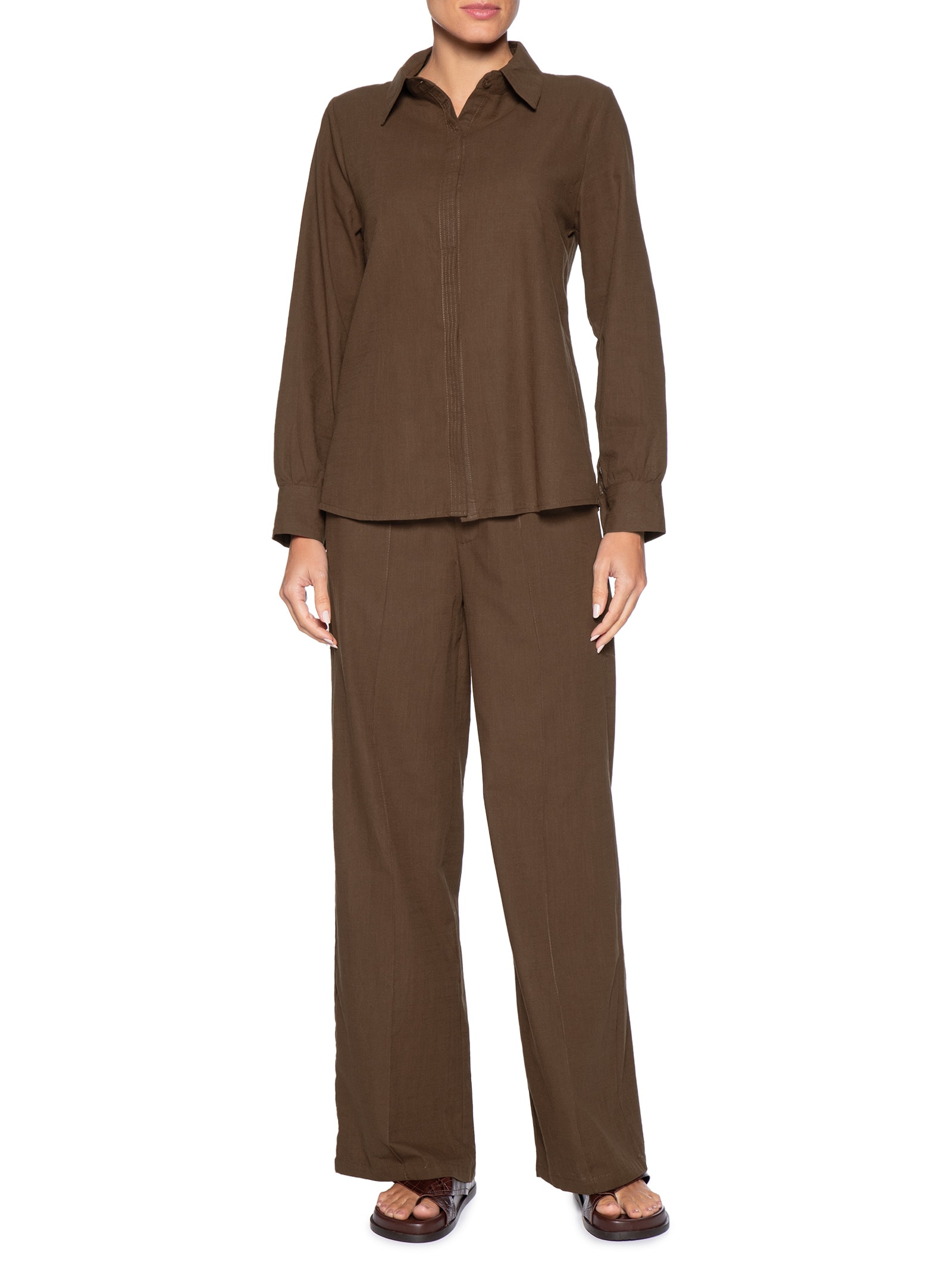 Conjunto Feminino Camisa E Calça Marrom Basiq