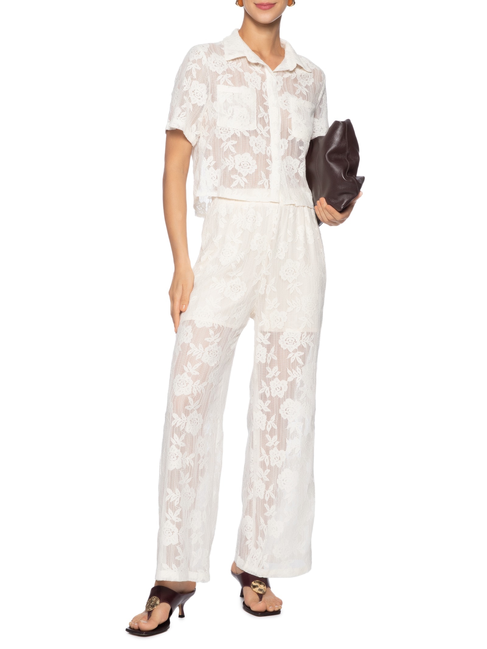 Conjunto Feminino Camisa E Calça Pantalona Em Tela Bege '2Essential