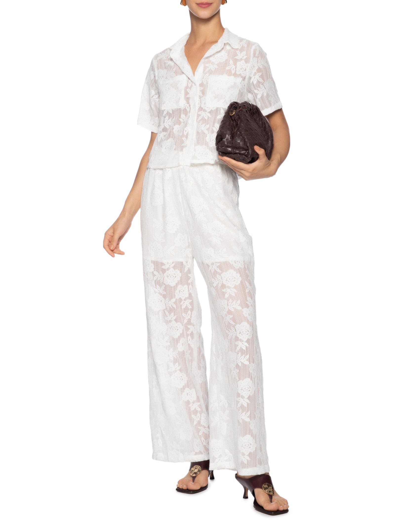 Conjunto Feminino Camisa E Calça Pantalona Em Tela Branco '2Essential