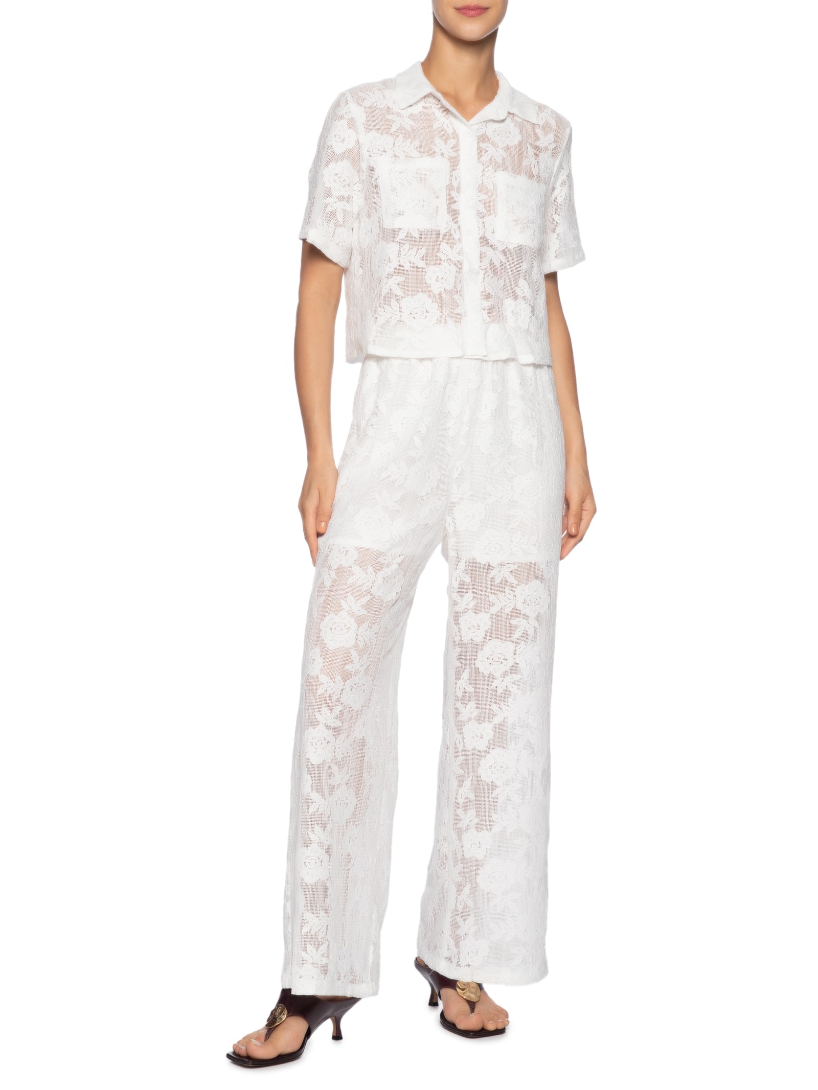 Conjunto Feminino Camisa E Calça Pantalona Em Tela Branco '2Essential