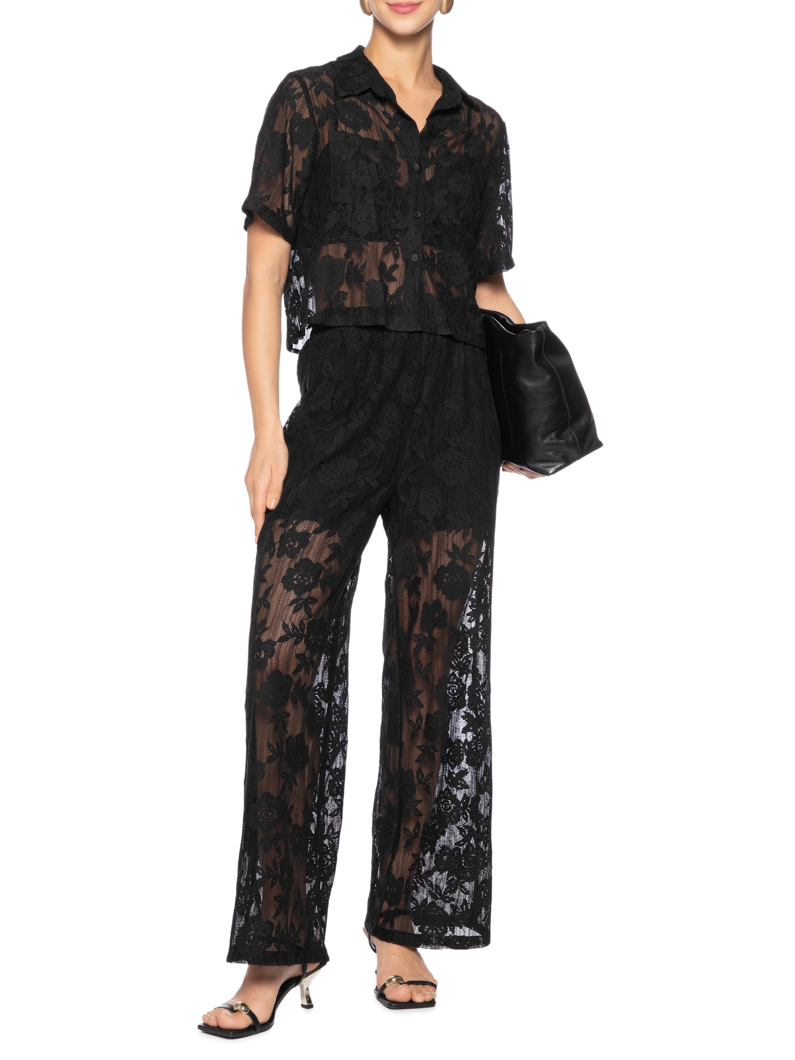 Conjunto Feminino Camisa E Calça Pantalona Em Tela Preto '2Essential