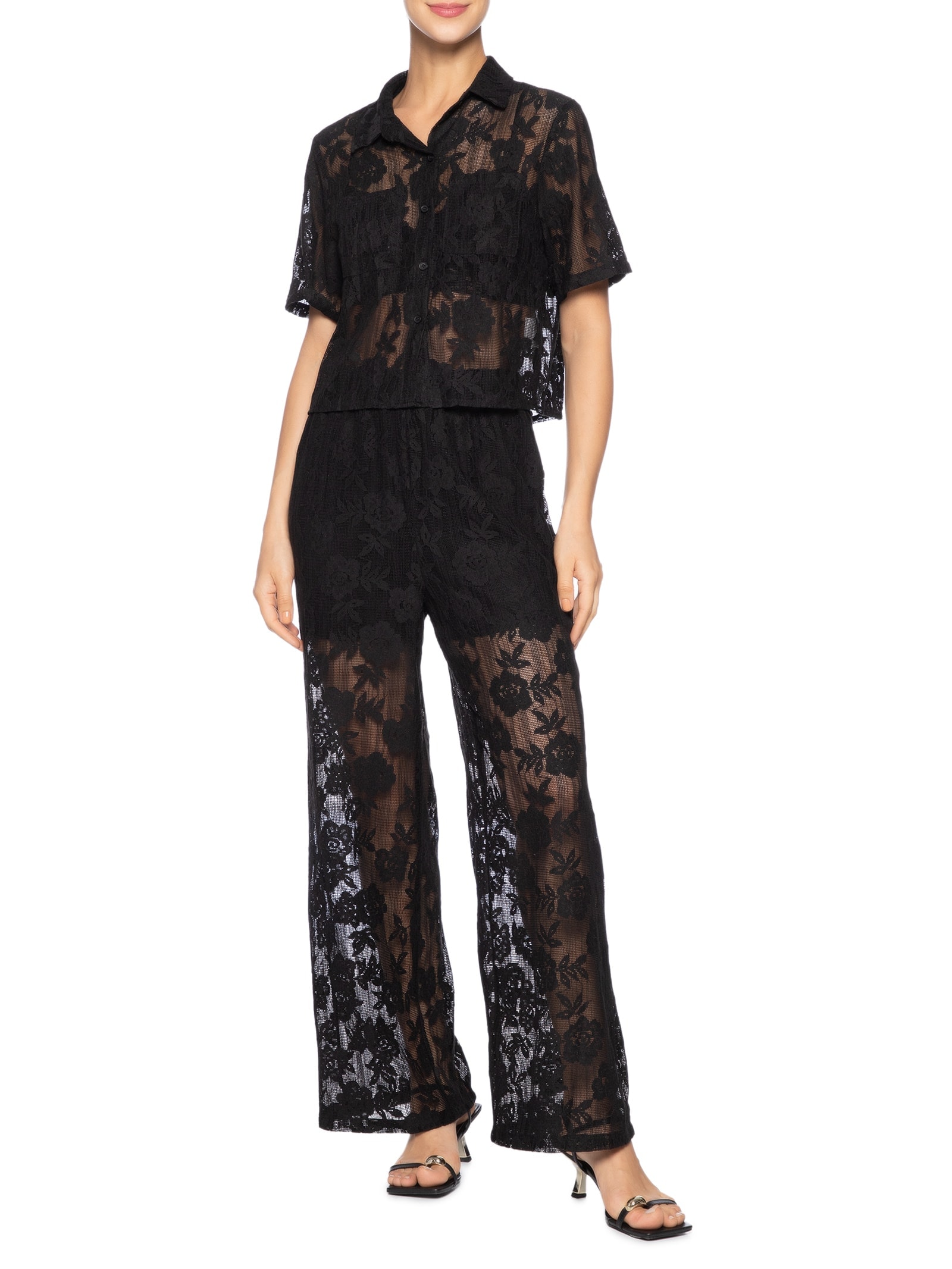 Conjunto Feminino Camisa E Calça Pantalona Em Tela Preto '2Essential