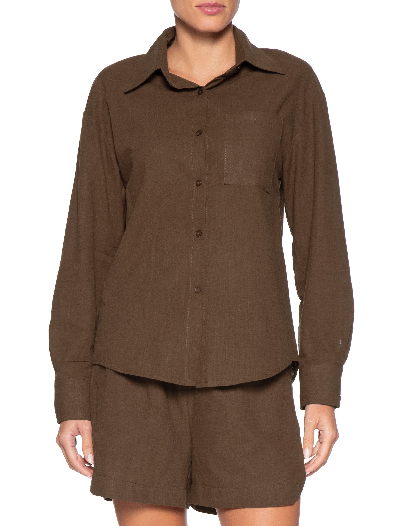 Conjunto Feminino Camisa E Short Marrom Basiq