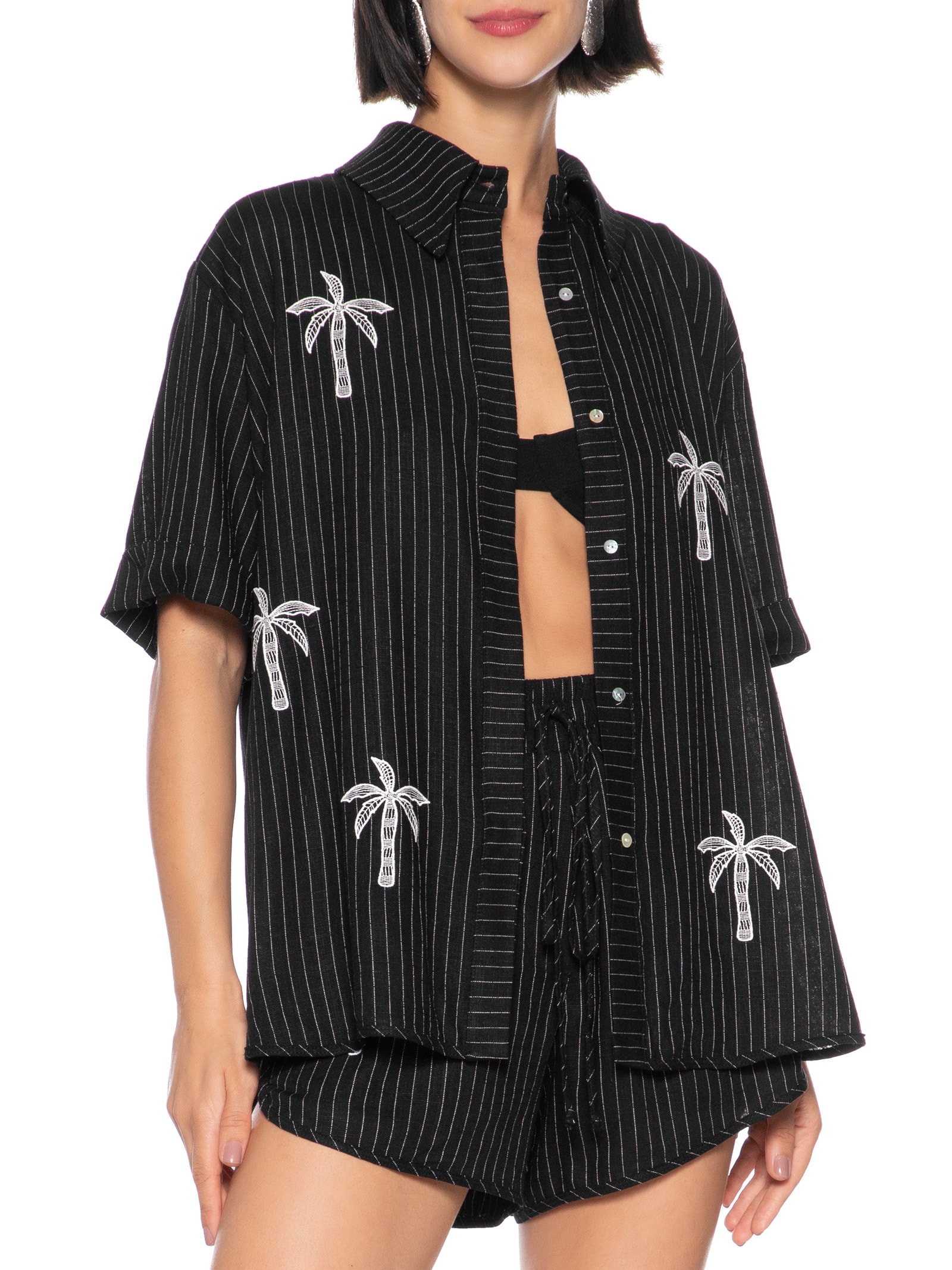 Conjunto Feminino Camisa Short Linho Listrado Preto Open