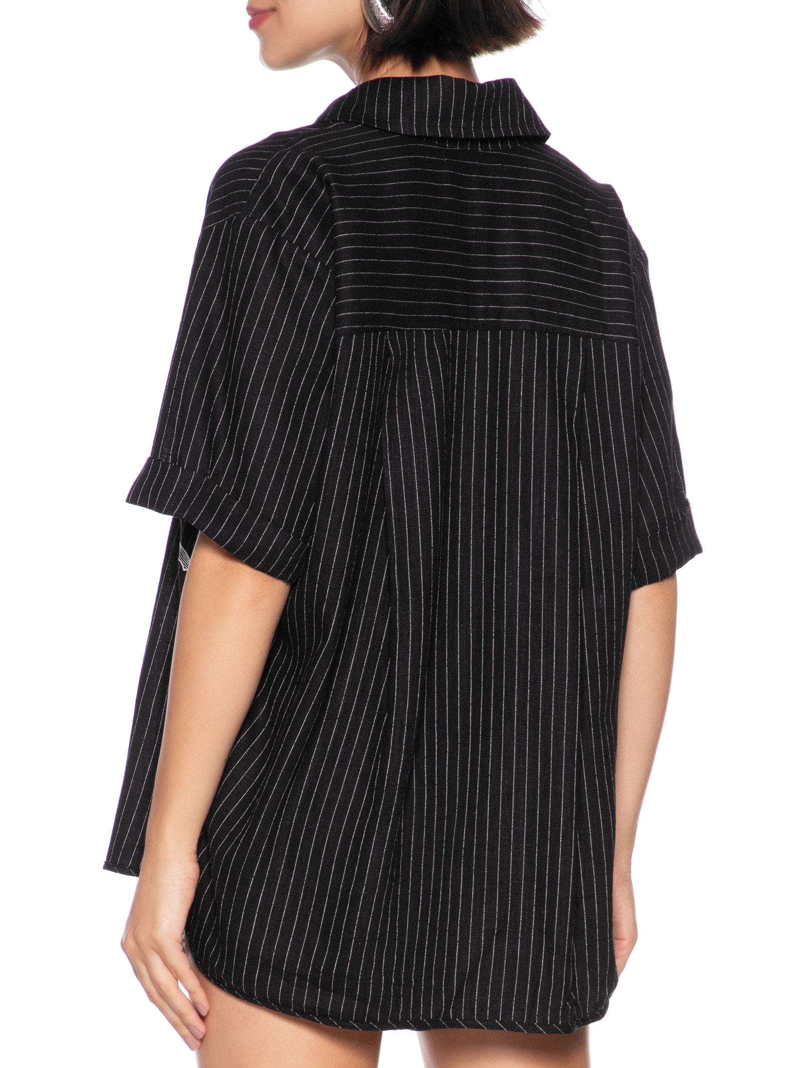 Conjunto Feminino Camisa Short Linho Listrado Preto Open