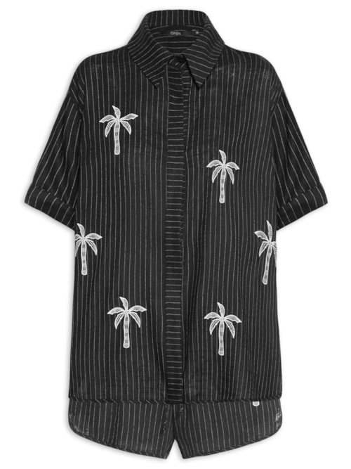 Conjunto Feminino Camisa Short Linho Listrado – Preto