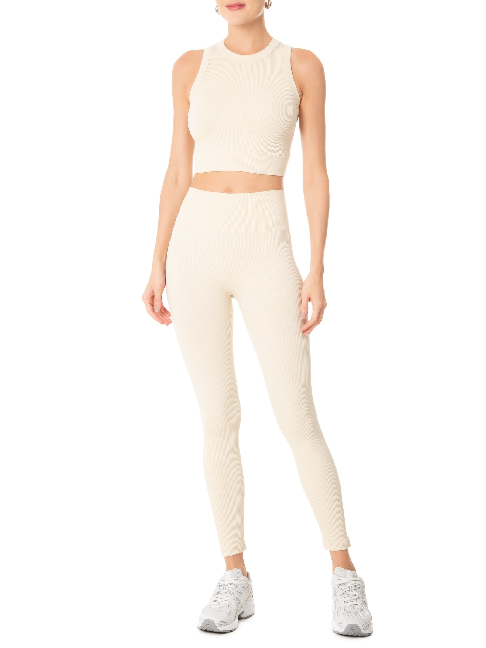 Conjunto Feminino Canelado Calça E Regata Bege  Basiq