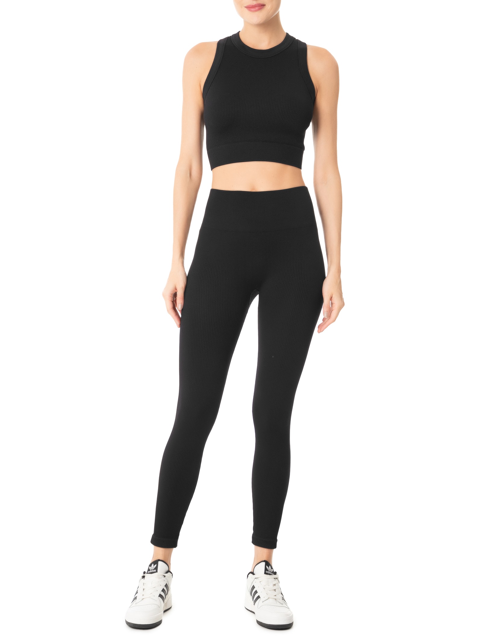 Conjunto Feminino Canelado Calça E Regata Preto Basiq