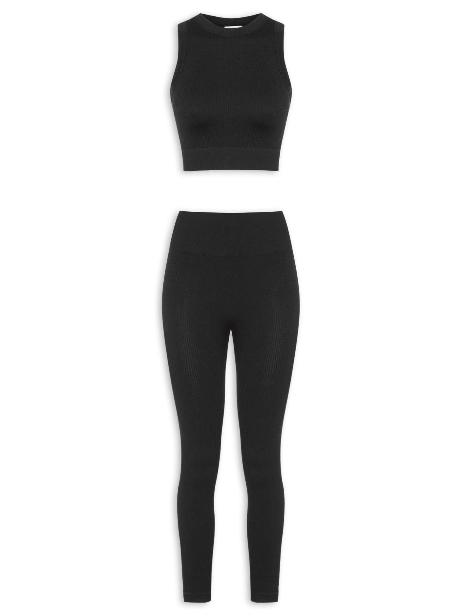 Conjunto Feminino Canelado Calça E Regata Preto Basiq
