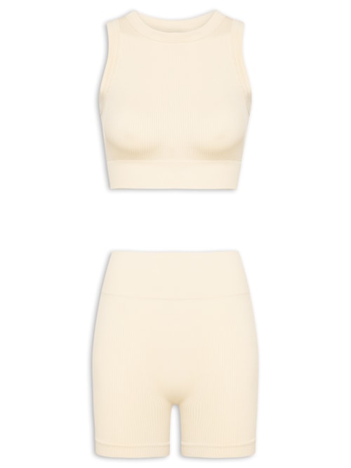 Conjunto Feminino Canelado Short E Regata – Bege