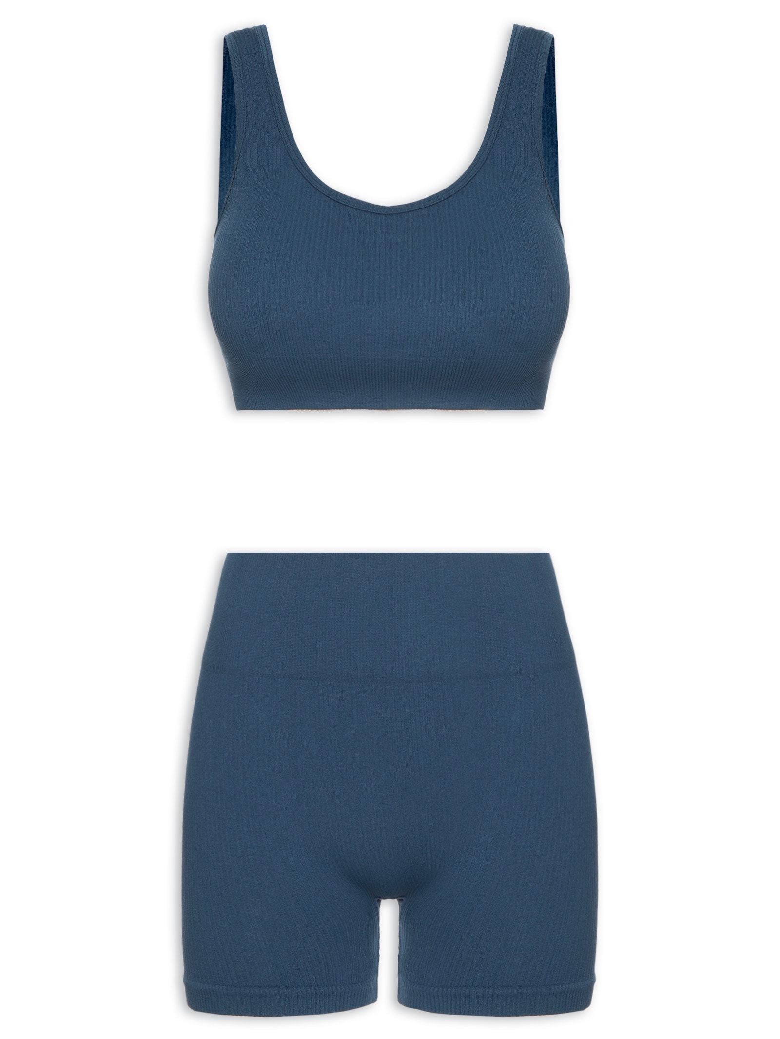 Conjunto Feminino Canelado Short E Top Azul Basiq