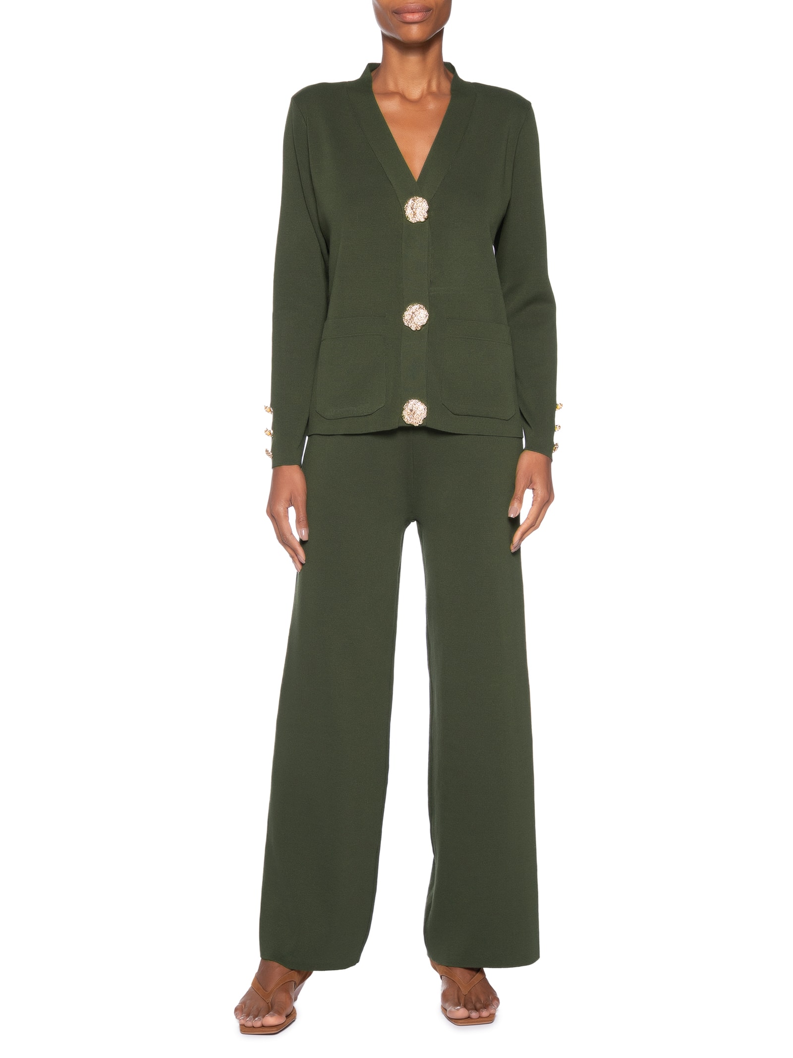 Conjunto Feminino Cardigã E Calça Em Tricot Verde '2Essential