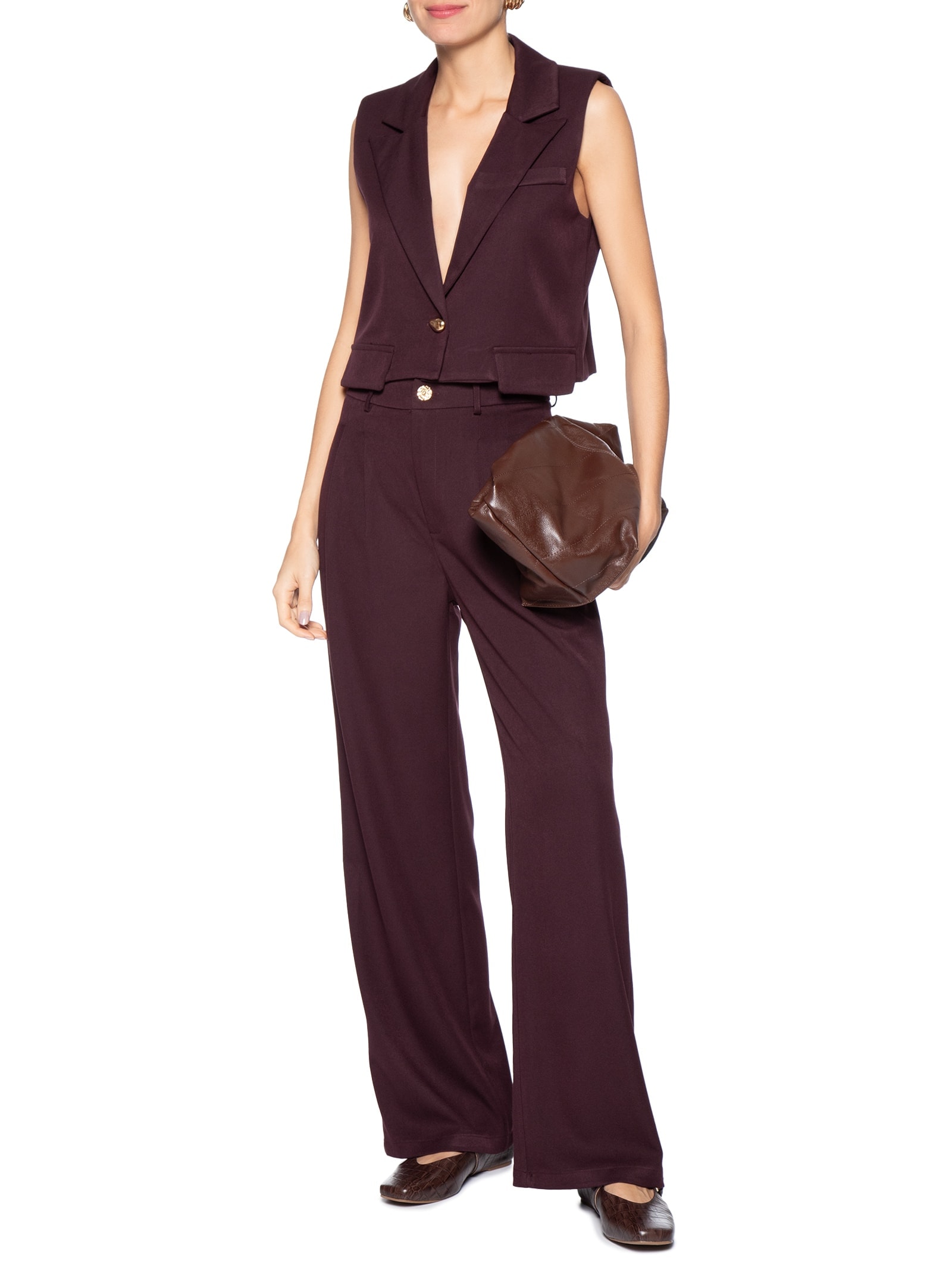 Conjunto Feminino Colete Com Bolsos E Calça Vermelho Basiq
