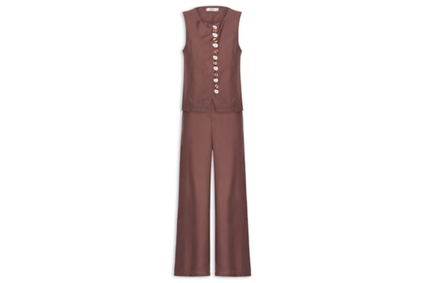 Conjunto Feminino Colete e Calça Botões Naturais - Marrom