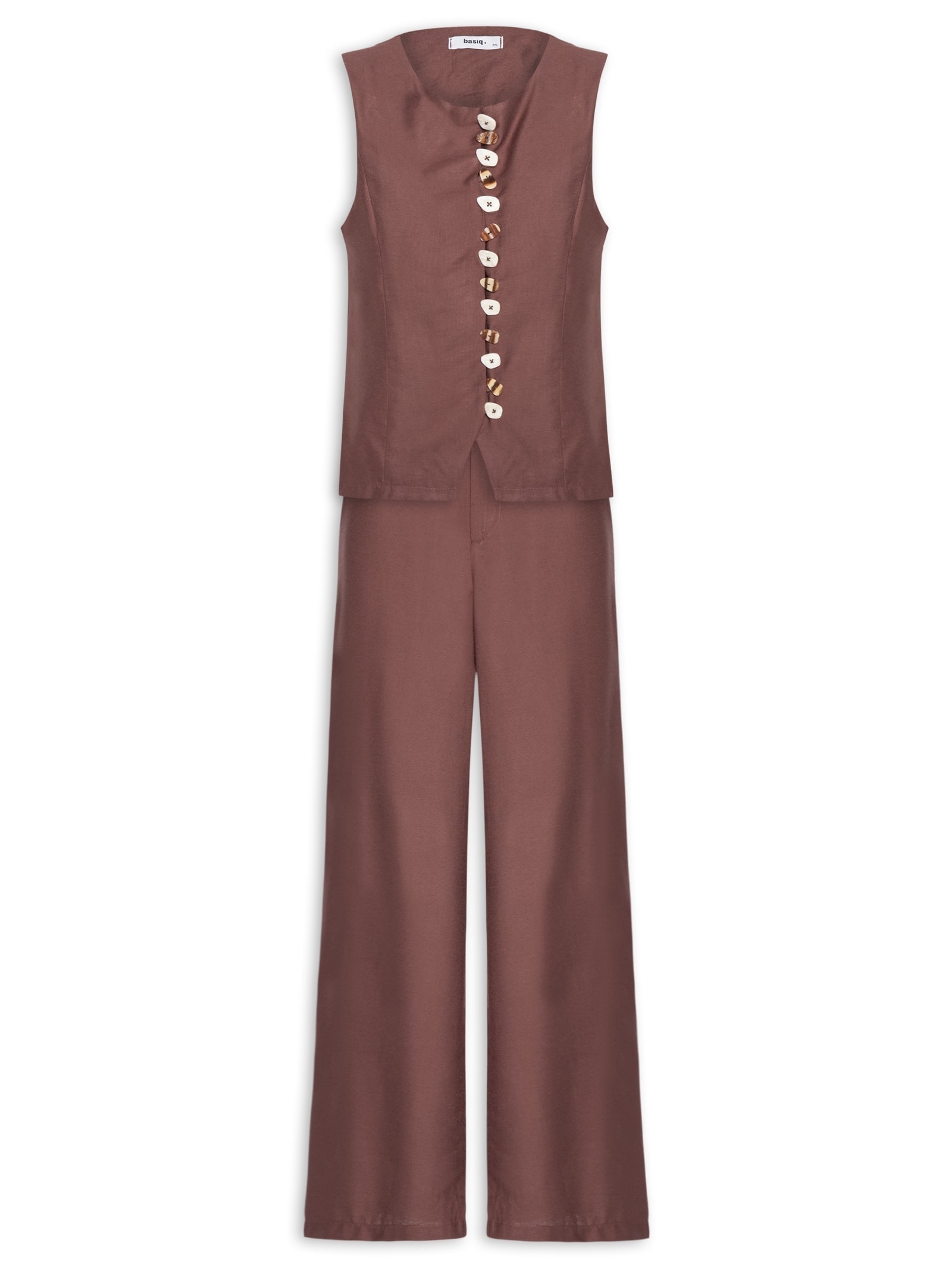 Conjunto Feminino Colete e Calça Botões Naturais Marrom Basiq