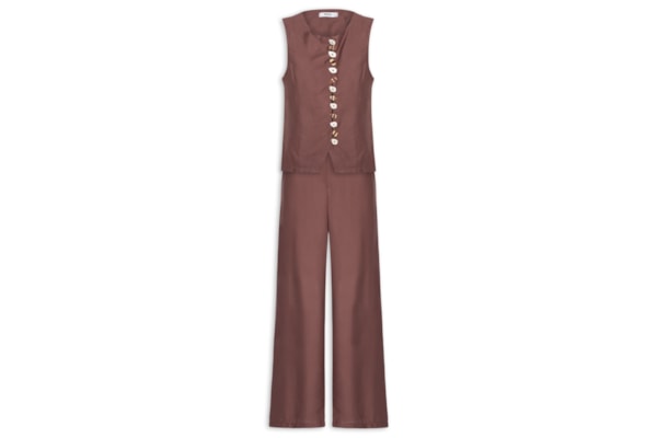Conjunto Feminino Colete e Calça Botões Naturais - Marrom