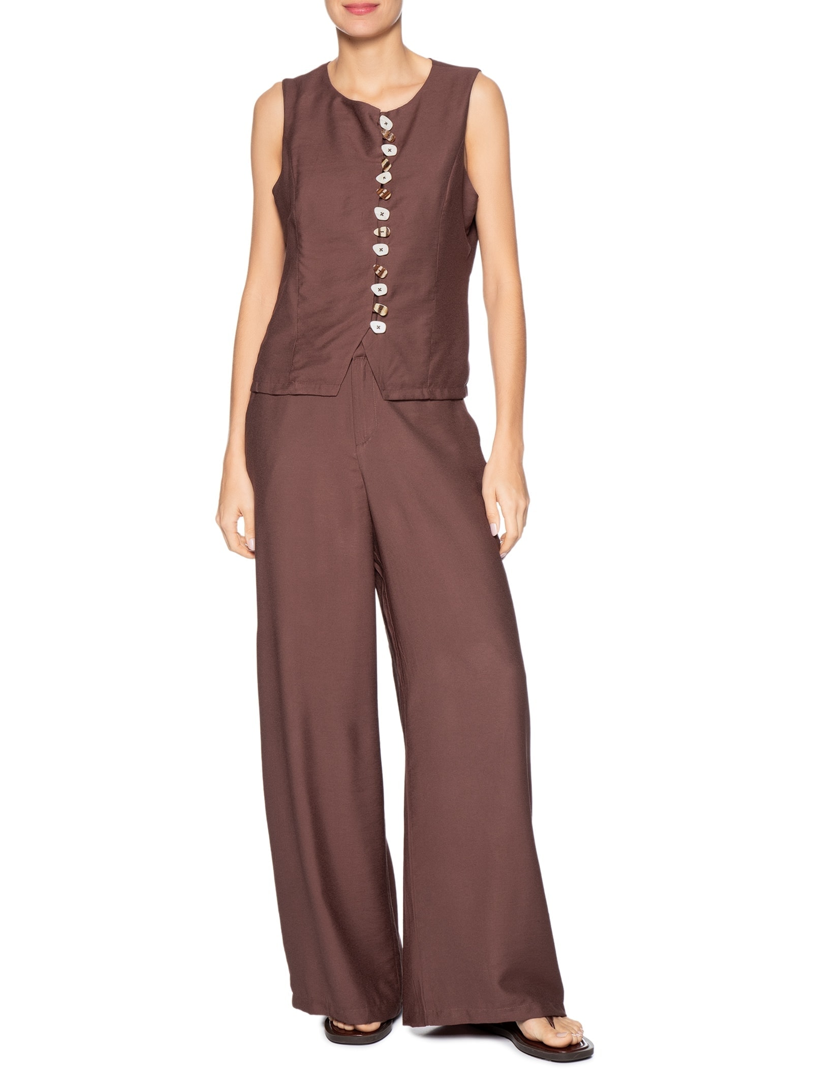 Conjunto Feminino Colete e Calça Botões Naturais Marrom Basiq