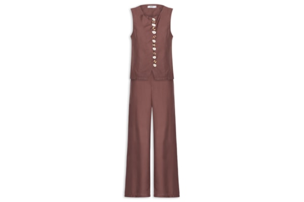 Conjunto Feminino Colete e Calça Botões Naturais - Marrom