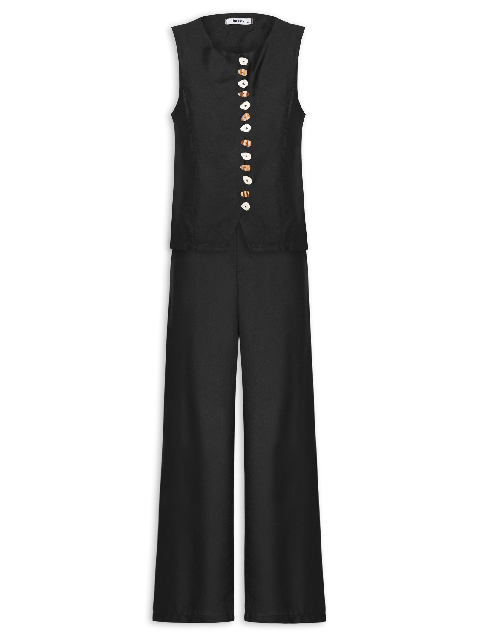 Conjunto Feminino Colete e Calça Botões Naturais Preto Basiq