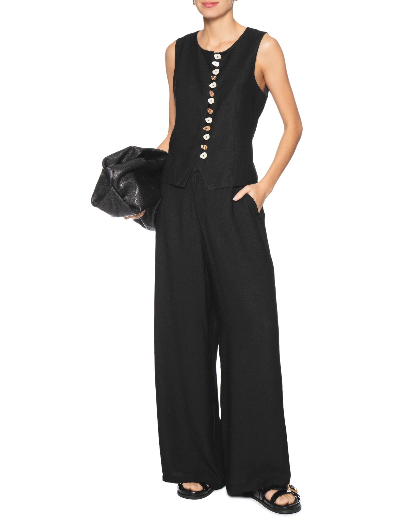 Conjunto Feminino Colete e Calça Botões Naturais Preto Basiq
