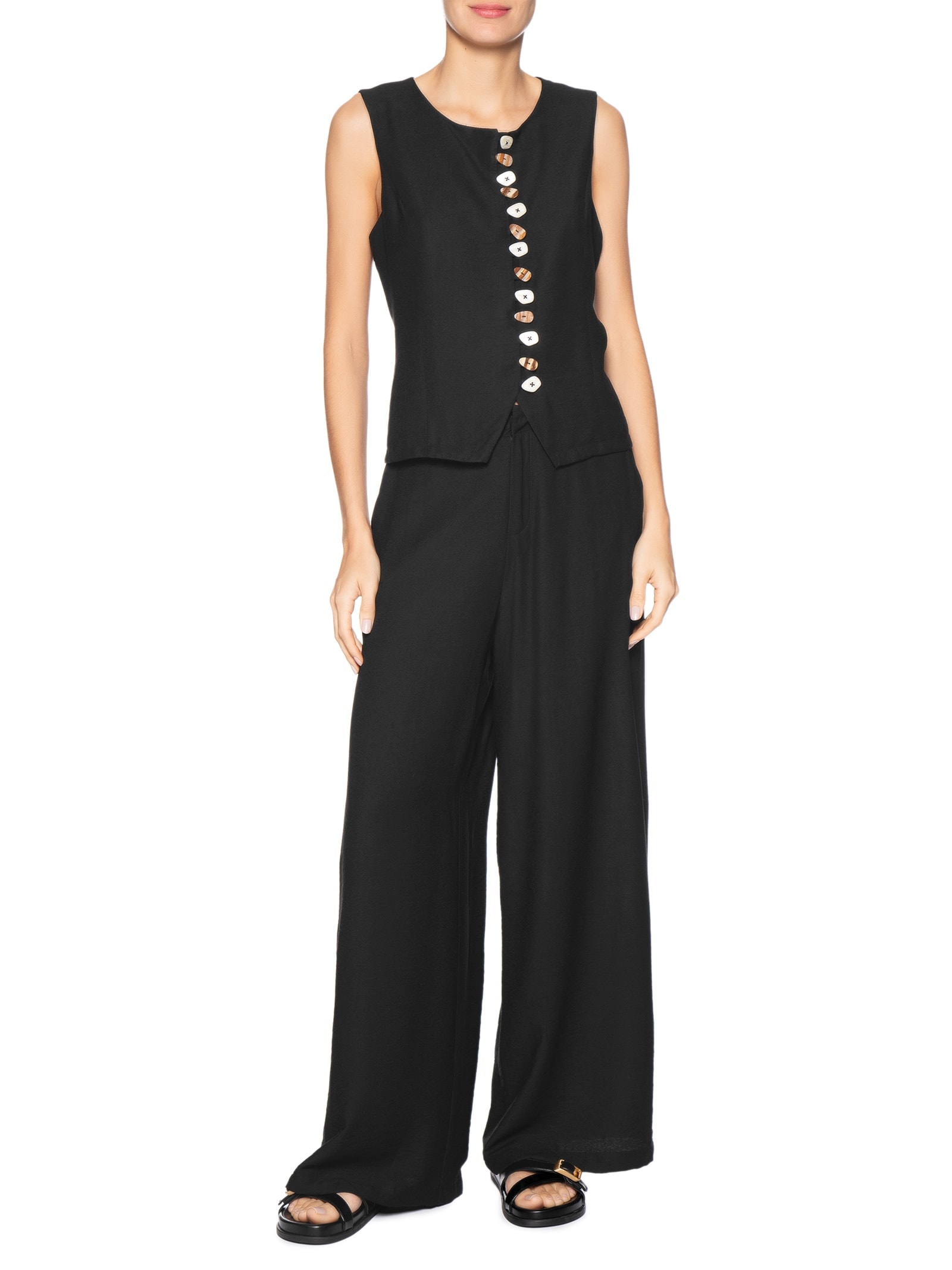 Conjunto Feminino Colete e Calça Botões Naturais Preto Basiq