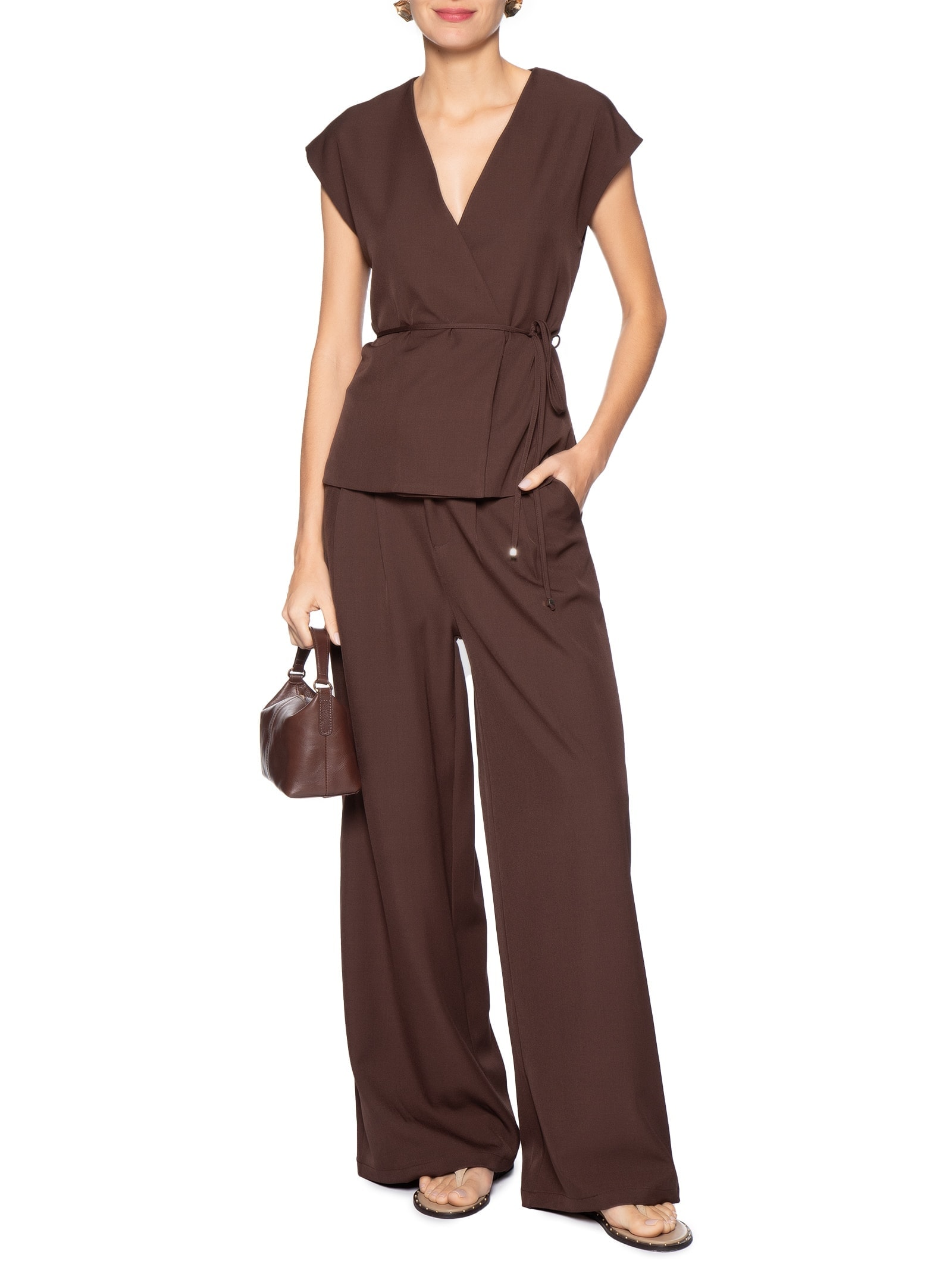 Conjunto Feminino Colete e Calça Com Amarração Marrom Basiq